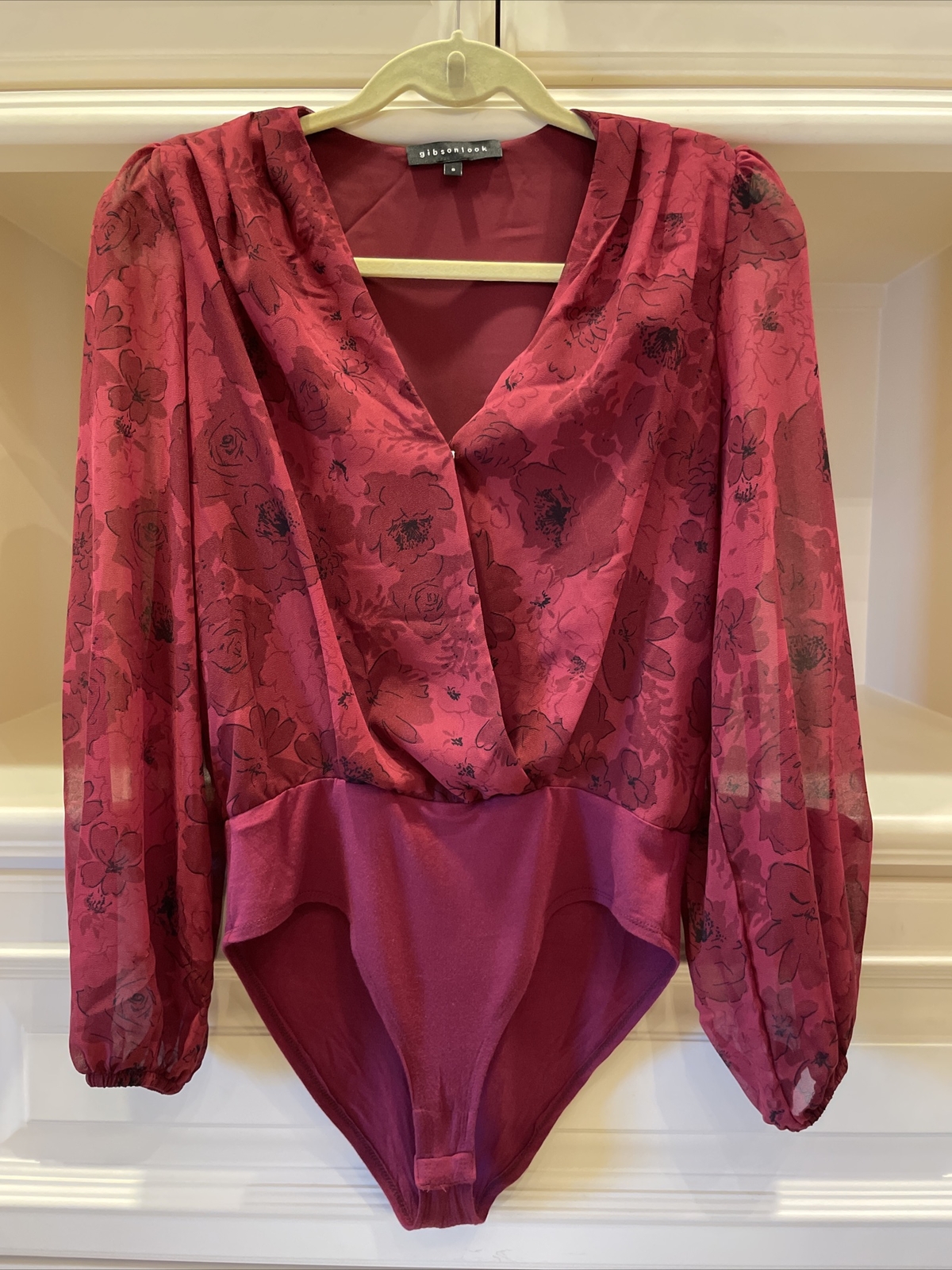 Women’s Gibsonlook Bodysuit Blouse Burgundy Print Size Small