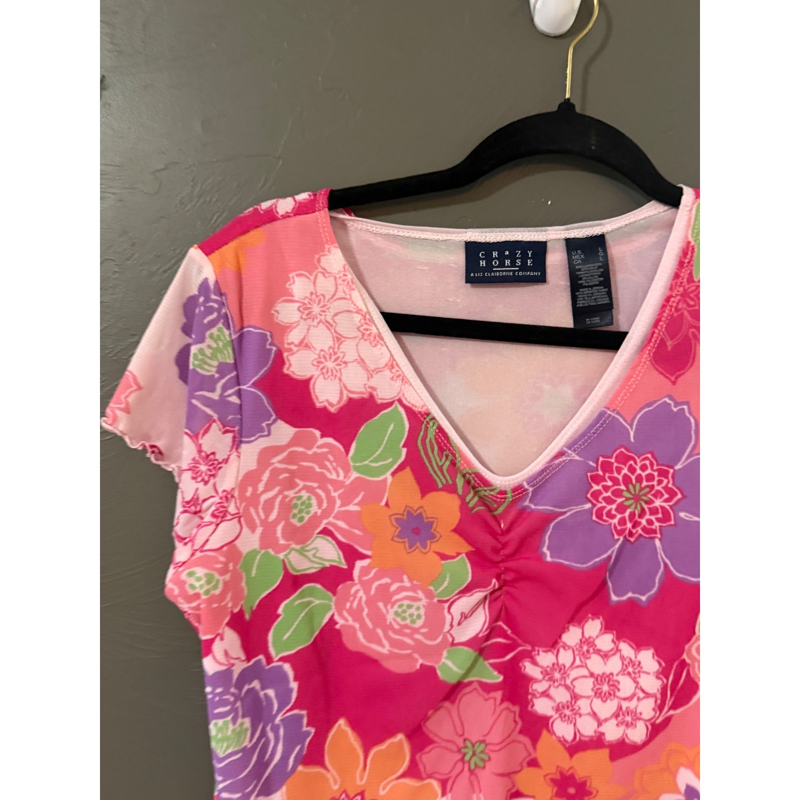Crazy Horse Pink Floral Mesh Top V-Neck Lettuce Edge Y2k Fairy Blouse Large