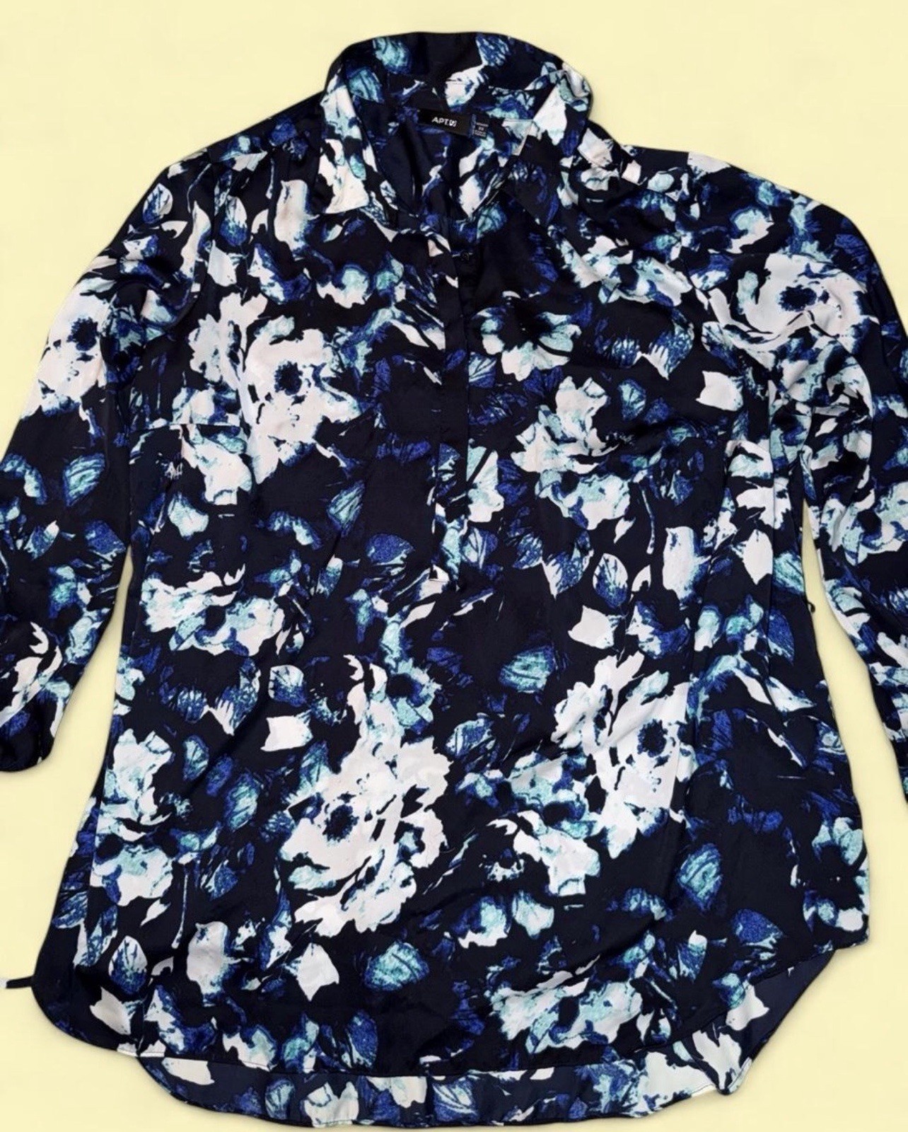 APT. 9 Womens Plus 2X Black/Blue/White Floral Woven Collared Button Tie Blouse