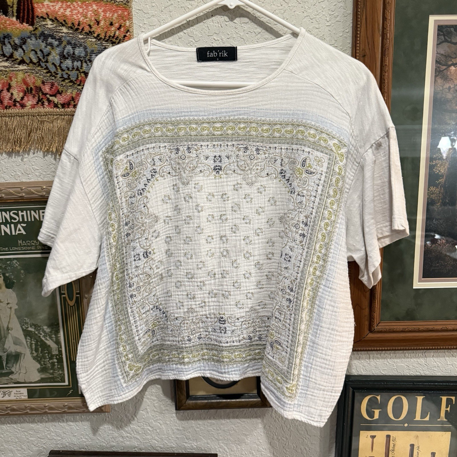 NWOT Fab’rik Tan and White Checked T-Shirt Women’s Designer Linen Blouse Small