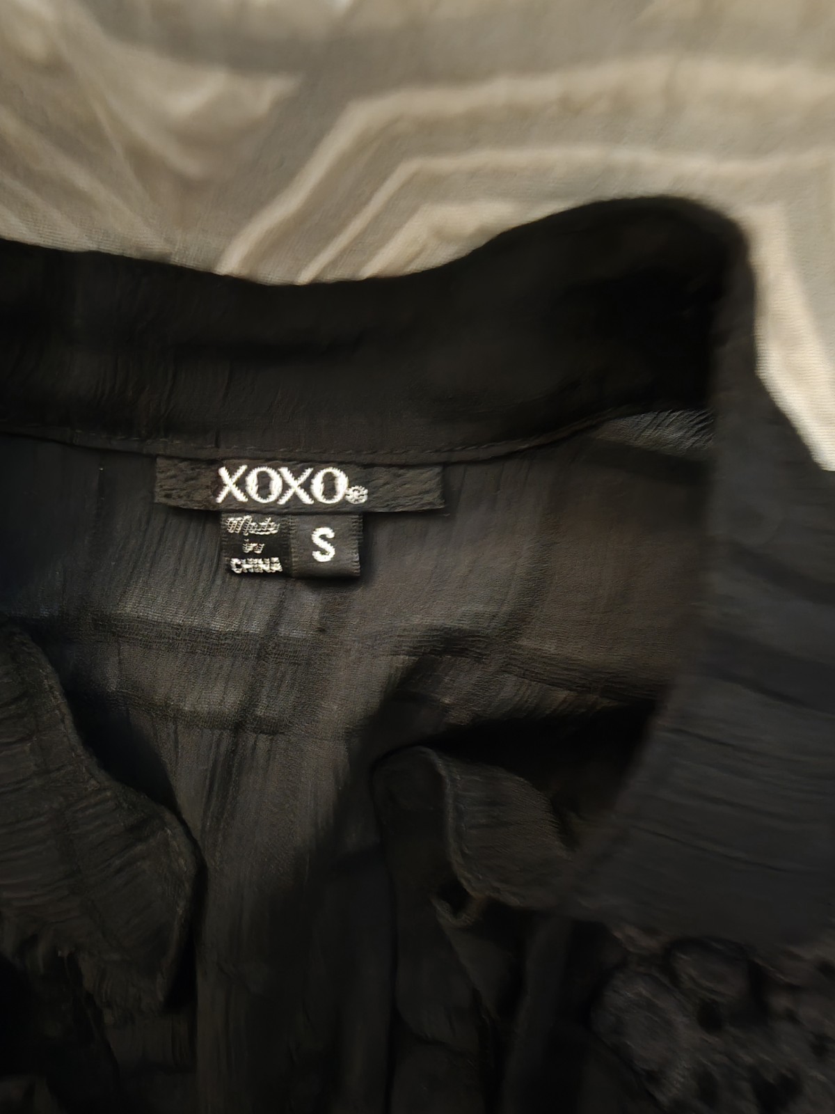XOXO Black Lace Sheer Button Front Ruffle V-Neck Short Sleeve Blouse S Women