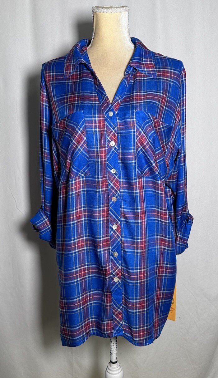 Ruby Rd Tunic Blouse Top Shirt Women 3X Roll Tab Sleeve Button Plaid Blue NW $64