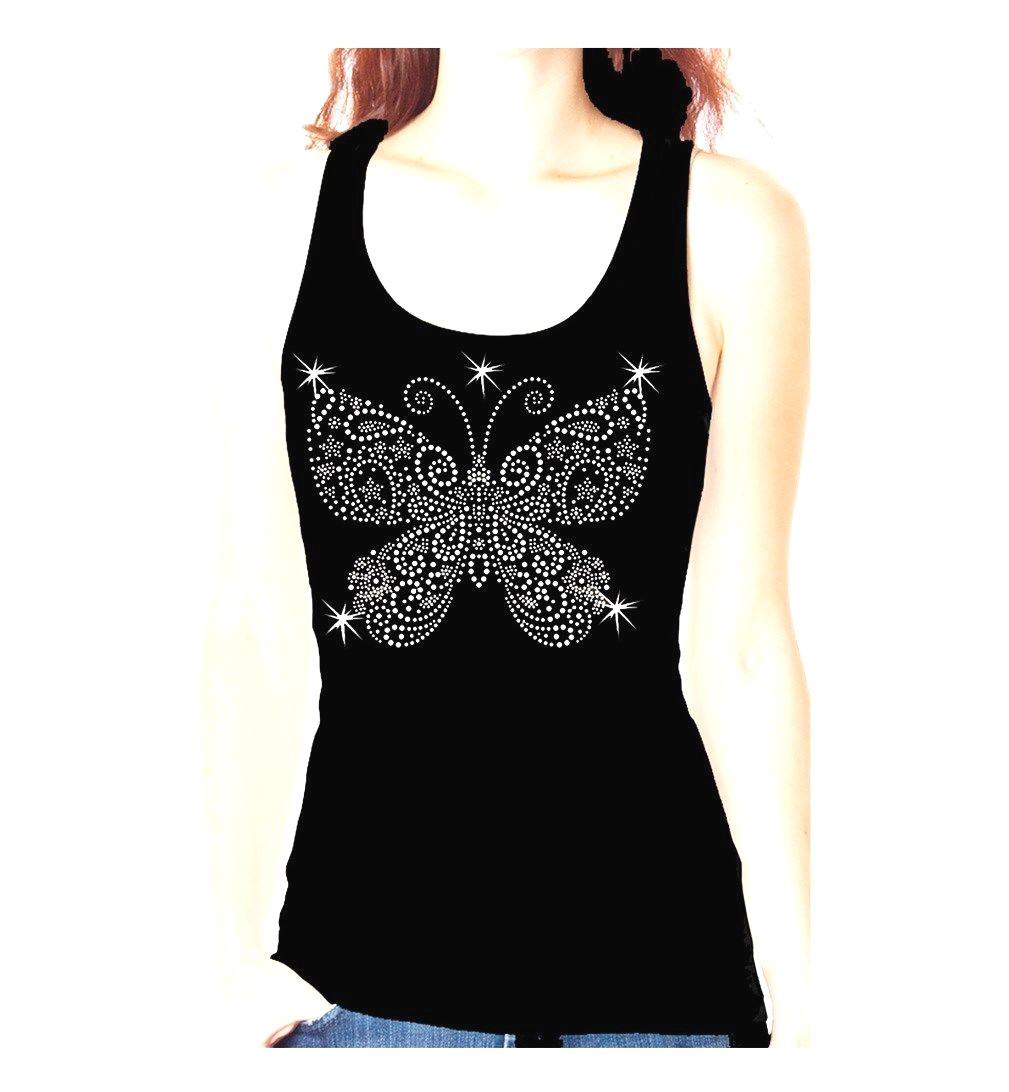 ALL RHINESTONE BUTTERFLY CLEAR BLING TANK TEE SHIRT