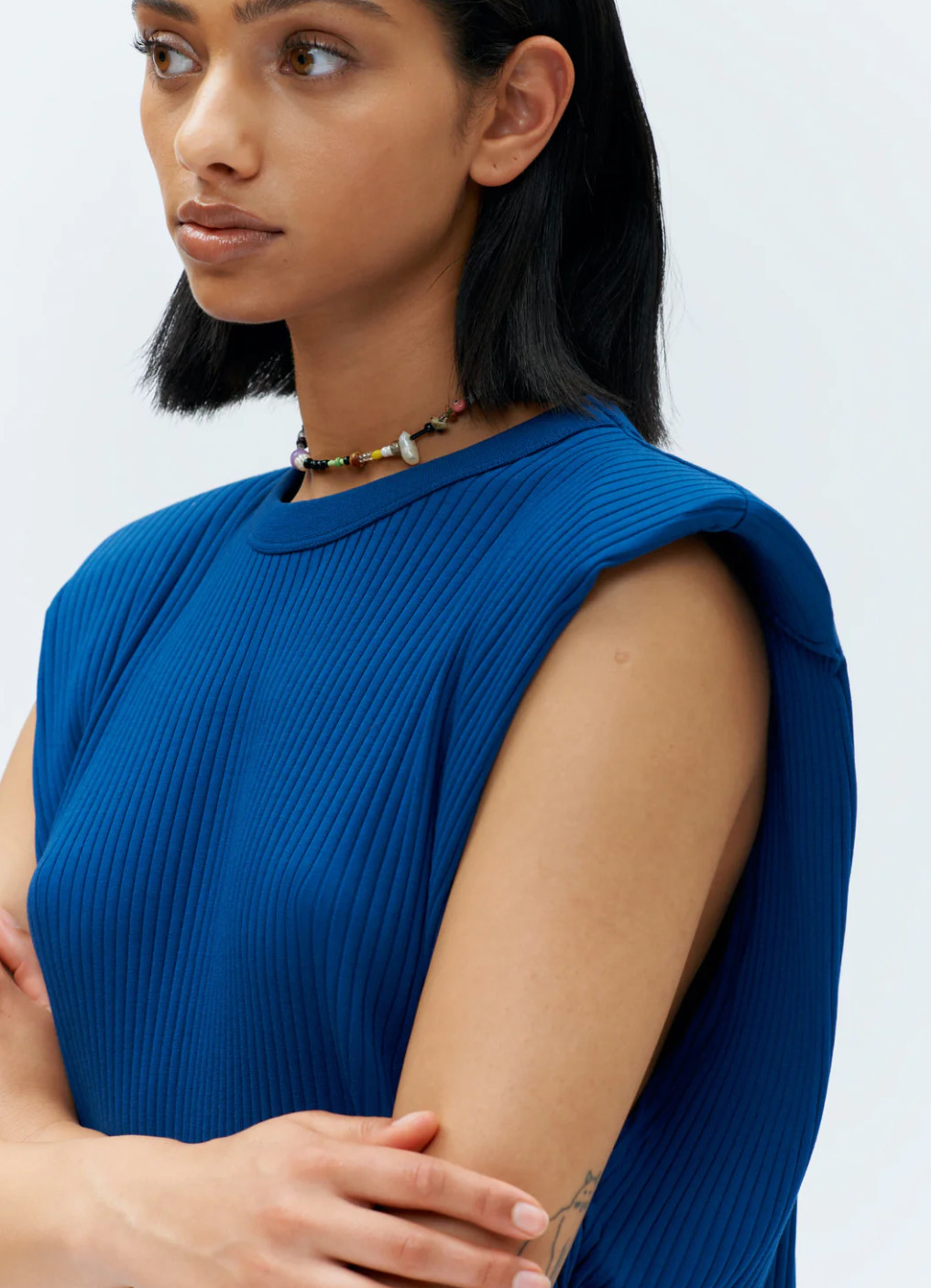 KOTN Power Tank in Marine Ribbed Knit with Shoulder Pads Small