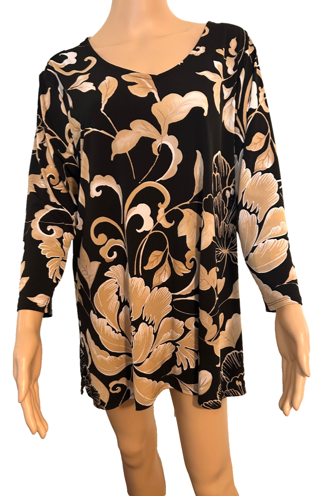 Chico’s Top Tunic Slinky Flared Brown Beige Paisley Floral L-XL 3 s NWOT S Korea