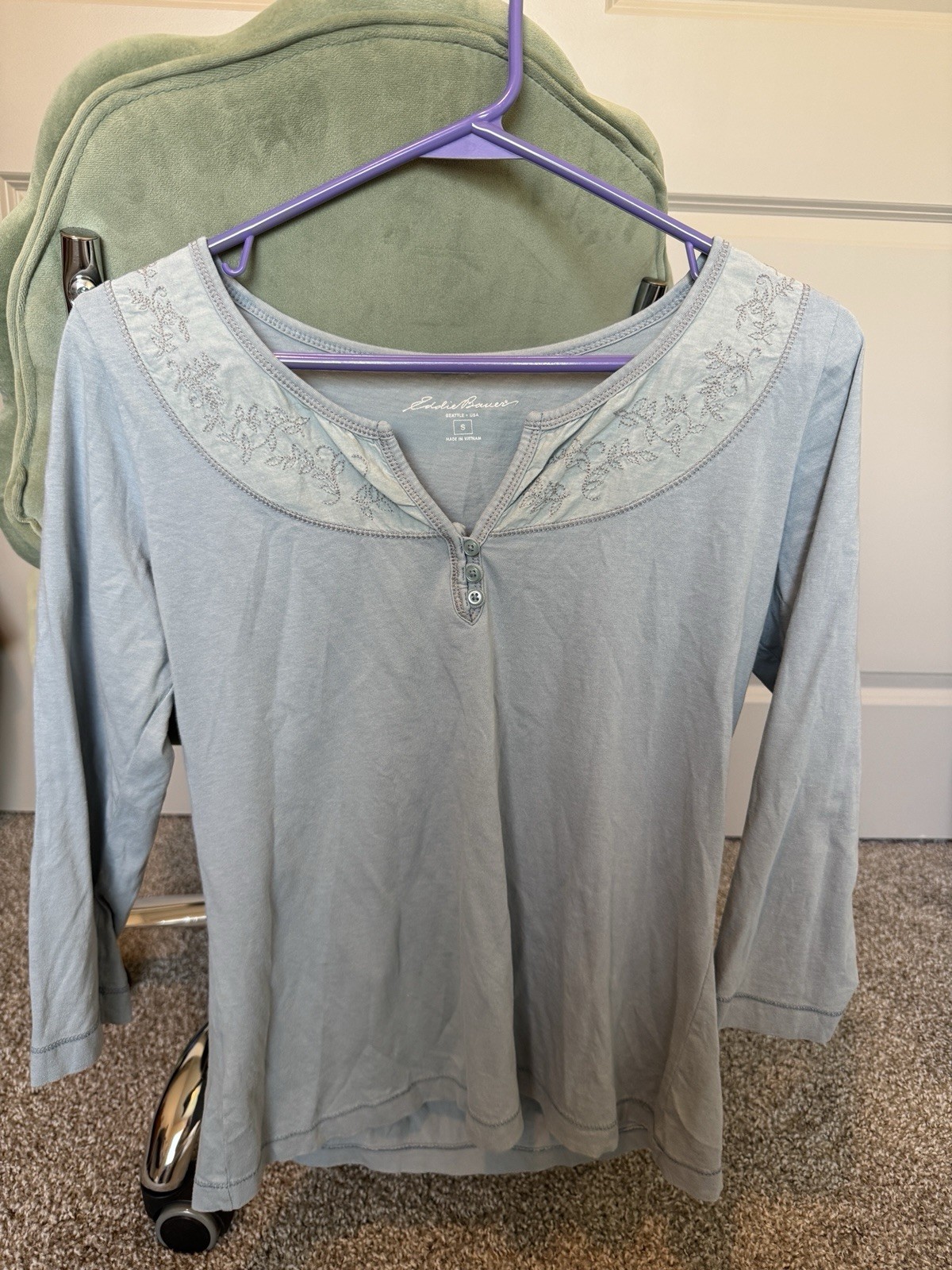 Eddie Bauer Pale Blue Embroidered Scoop-Neck Henley Top S