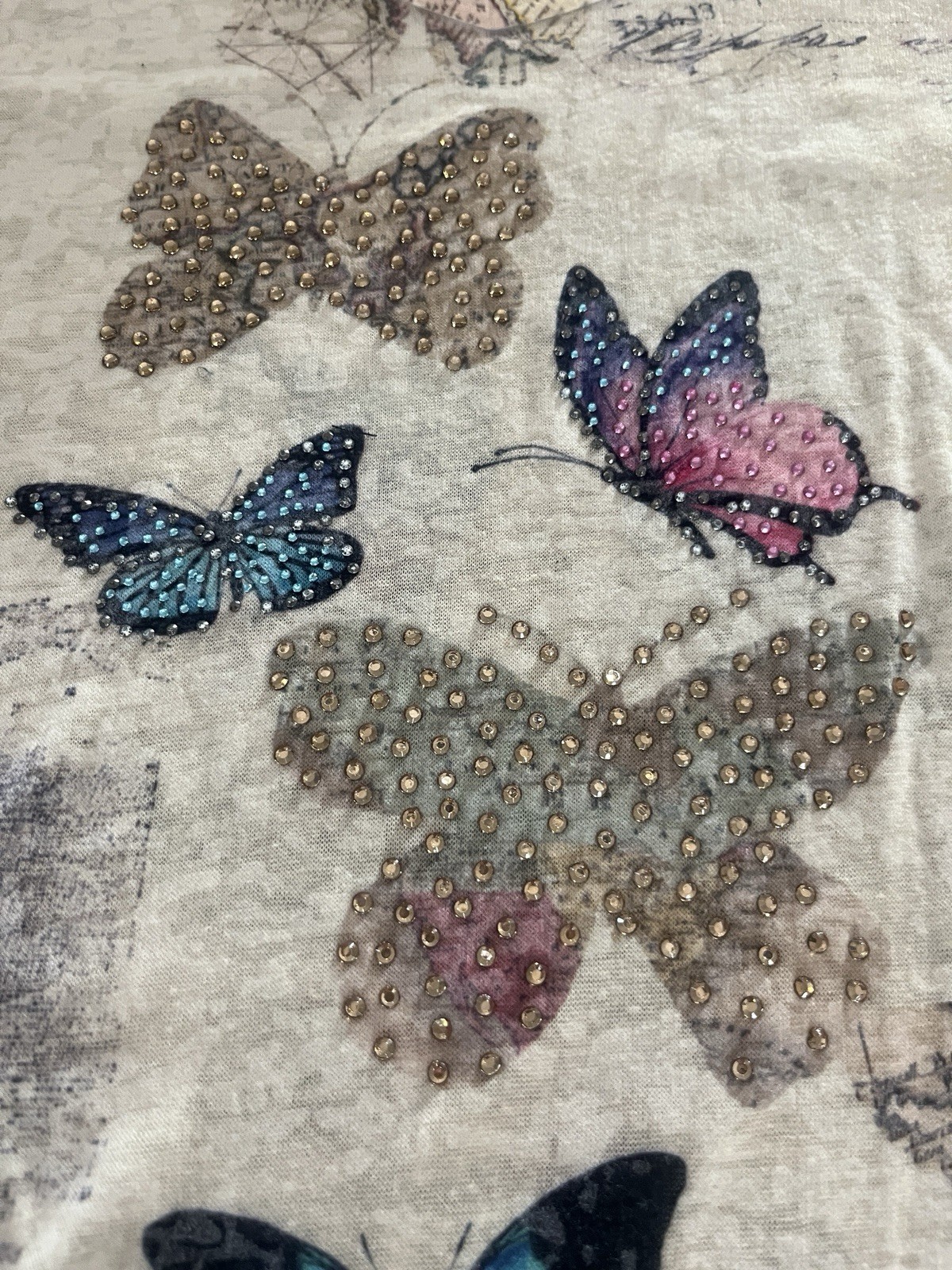 Zuriel Plus Sheer Mesh Butterfly Travel Postcard Print Rhinestone V Neck Top