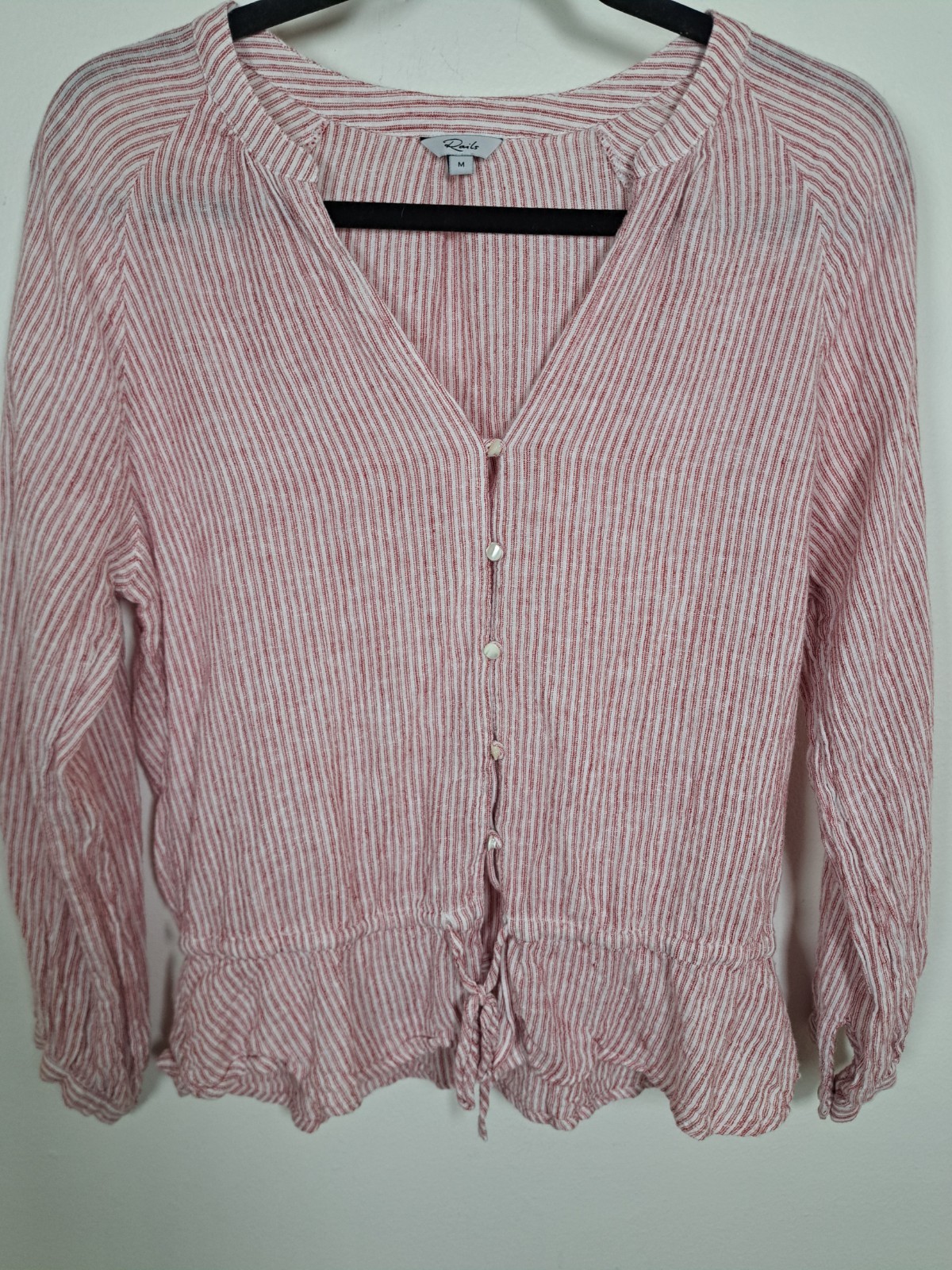Rails Blouse Shirt! Medium Red White Striped Drawstring Linen Marti Scarlet
