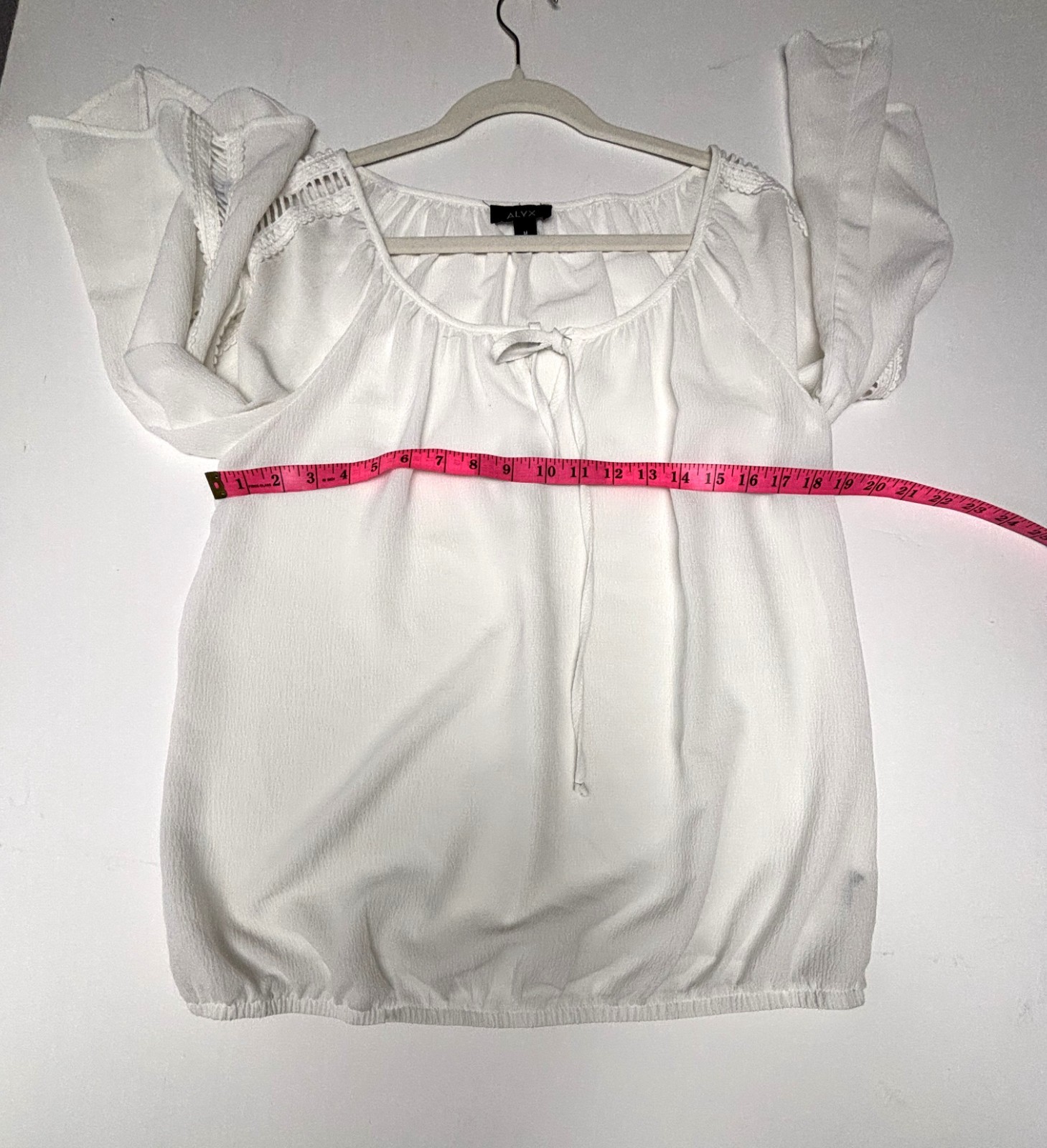 ALYX Women’s Size M Long Sleeve Tie-neck White Blouse with Lace Trim Shoulders