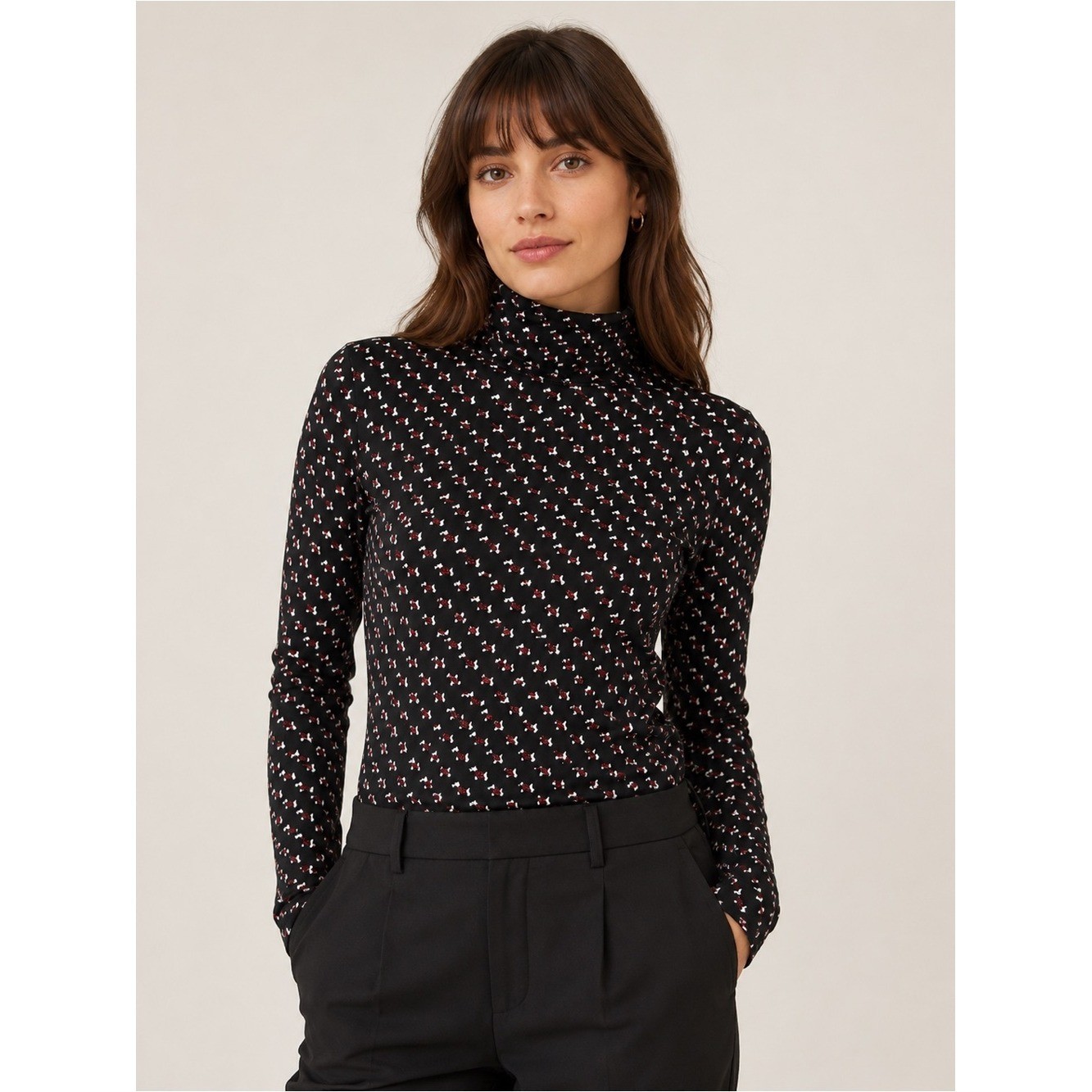 Brooks Brothers Scottie Dog Print Turtleneck Women Size Medium Black Stretch Top