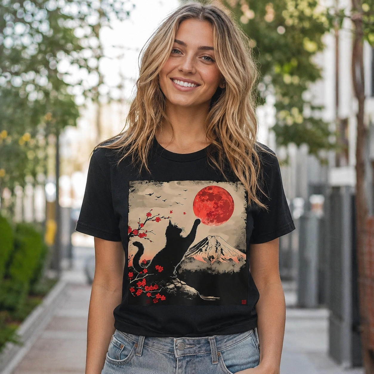 Women’s Japanese Cat Mount Fuji Graphic T-Shirt Cute Casual Summer Tee Top