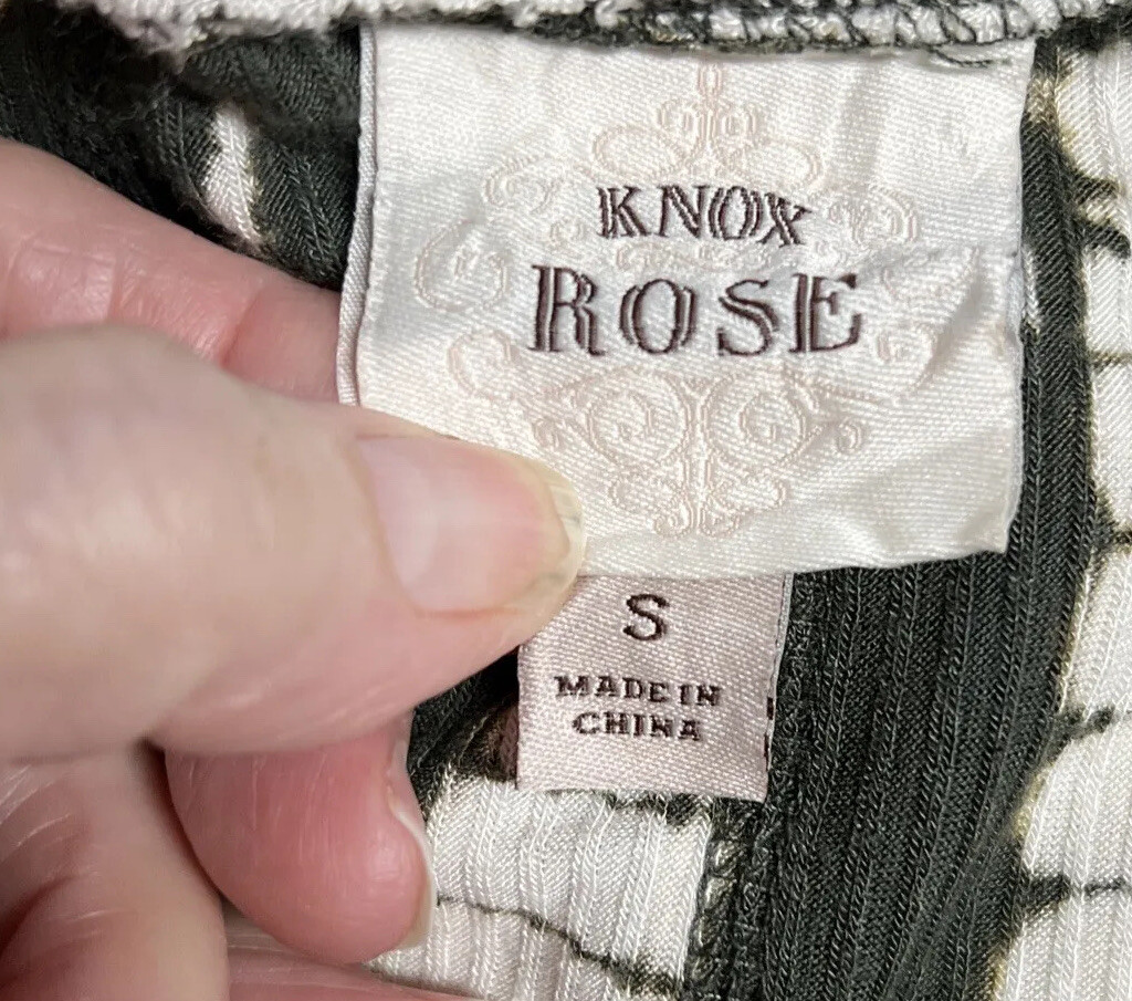 Knox Rose Whimsical Army green White Ribbed Tunic Top Raw Edges Semi sheer Sz S