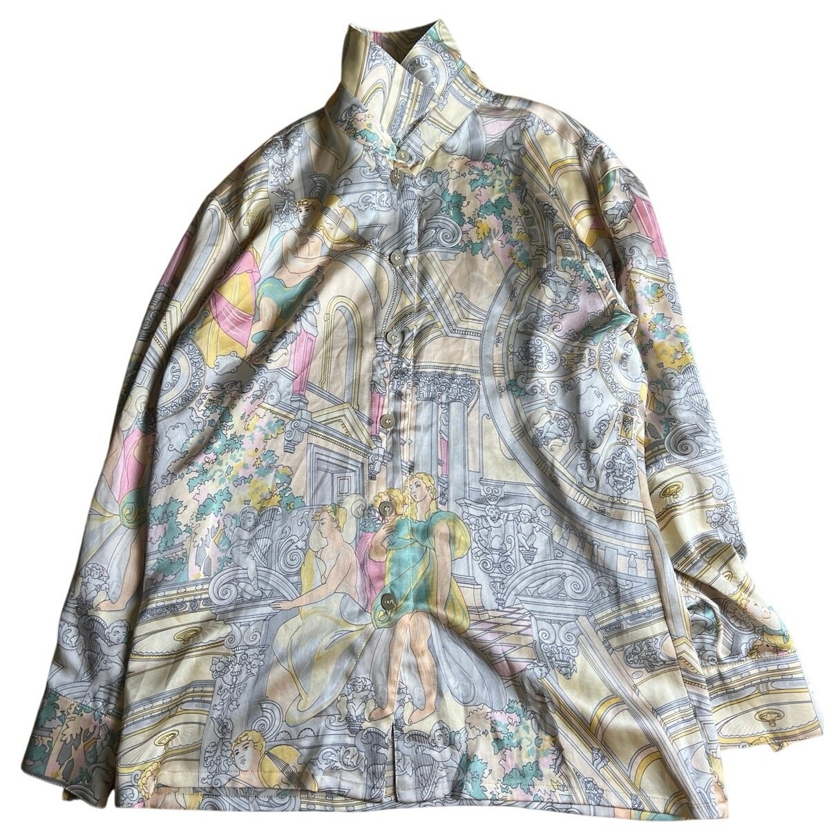 ESCADA WOMENS GREEK PRINT SILK BLOUSE GREEK DESIGN WOMEN’S 38 Cream Gold
