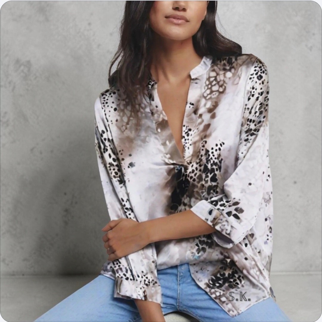 GO by GO SILK Washable 100% Silk Abstract Neutral Animal V-Neck Blouse SMALL/Med