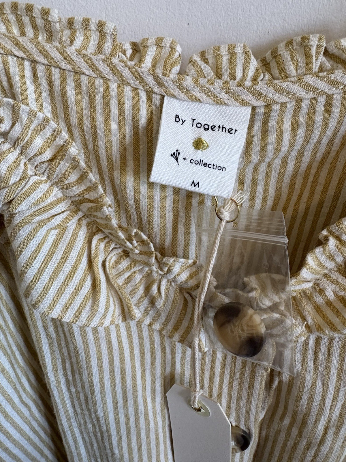 By Together Cream Striped Ruffle Button-Front Tank Medium