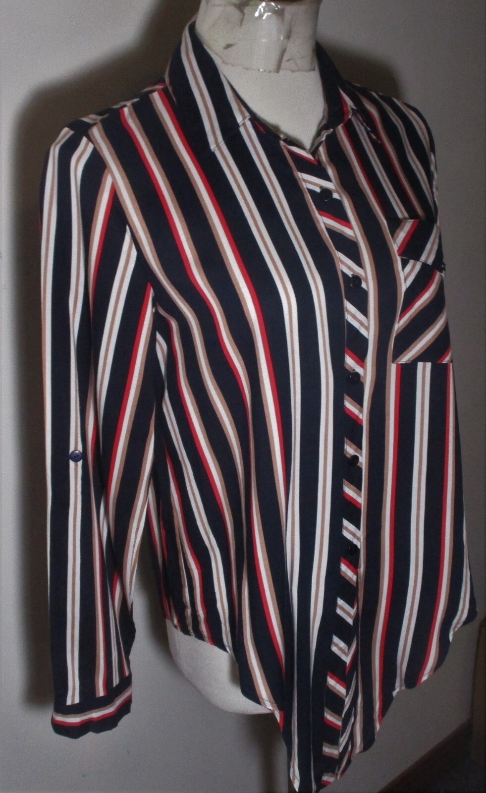 LOVE NOTES Blue Red White Long Sleeve Rayon Blouse Size M NWT