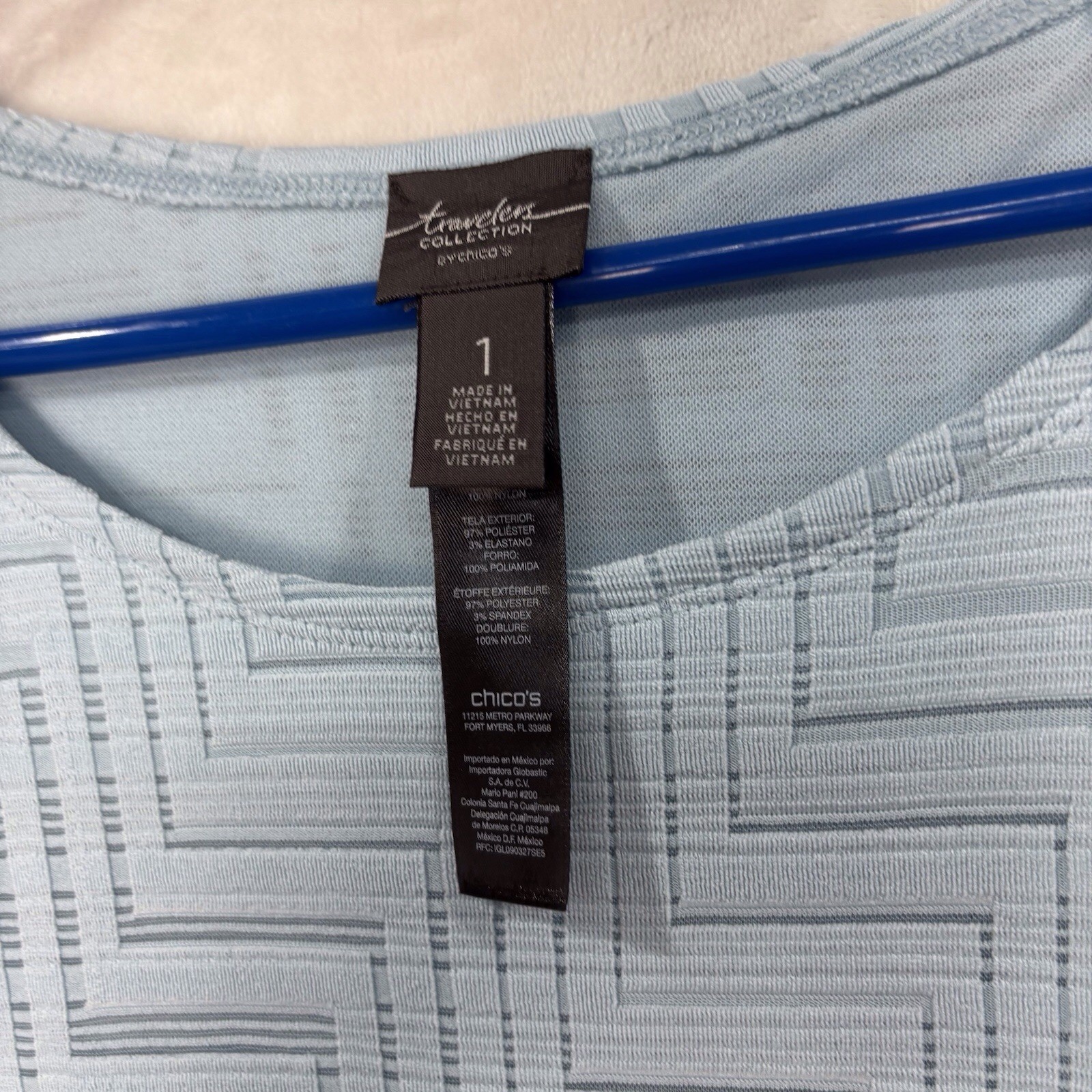 Chico’s Travelers Tunic Top Textured Tunic Sz 1 S 8 Stretch Lined Blue NEW