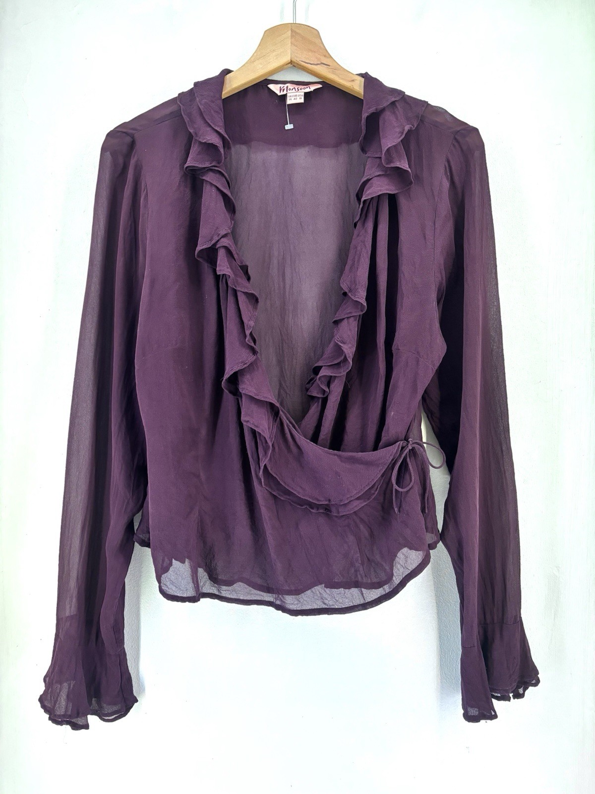 Monsoon Somen. 100% Silk Top Ruffle Blouse Flare Purple Light-weight Sz14 R1246