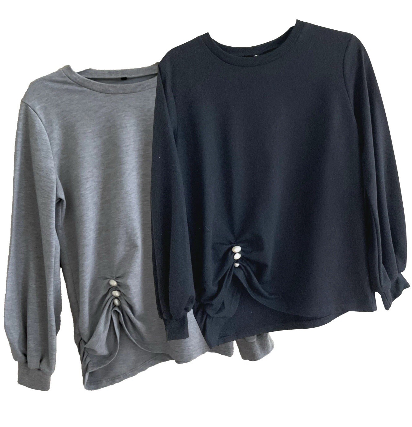 Women’s Long Sleeve Top Set of 2 Black & Gray Size M Pearl Beaded Pleated Hem