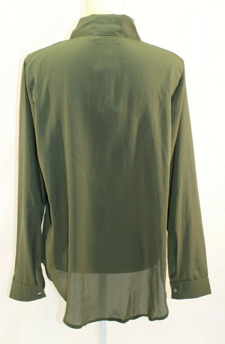 Adele Berto Army Green Barrel-Cuff Tie-Neck Top Size L