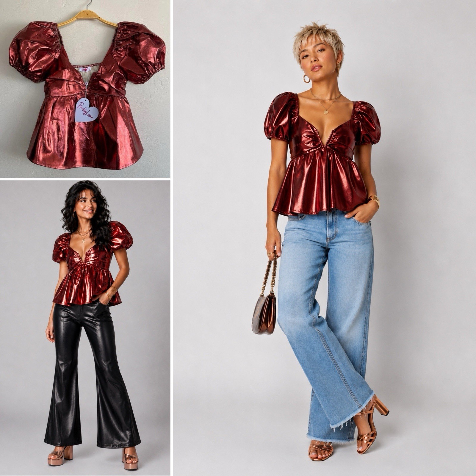 BuddyLove Rose Gold Metallic Puff Sleeve Babydoll Peplum Top M Party Disco Glam