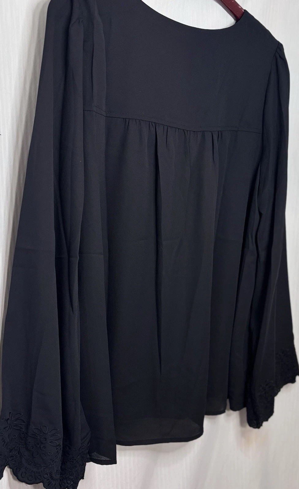 Cotton Bleu Black Blouse L NWT Lace Bell Sleeve V Neck Lined Boho Top