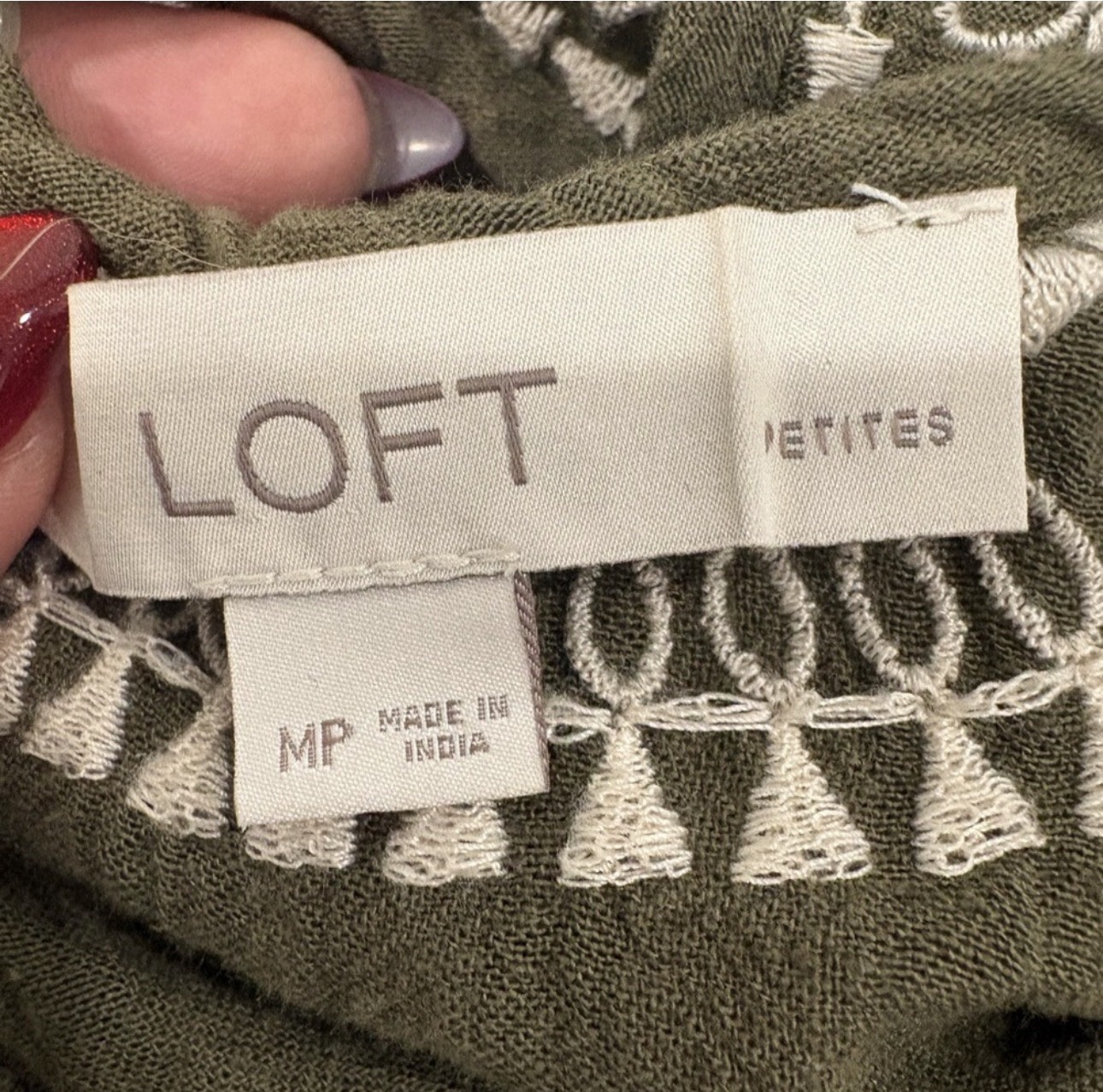 LOFT Blouse Top Size MP Olive Embroidered Flutter Sleeve Peplum Boho Cottagecore