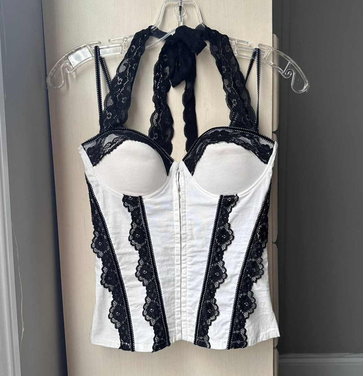 Y2K Vtg Charlotte Russe White & Black Lace Corset Halter Top S Whimsy Fairy Goth