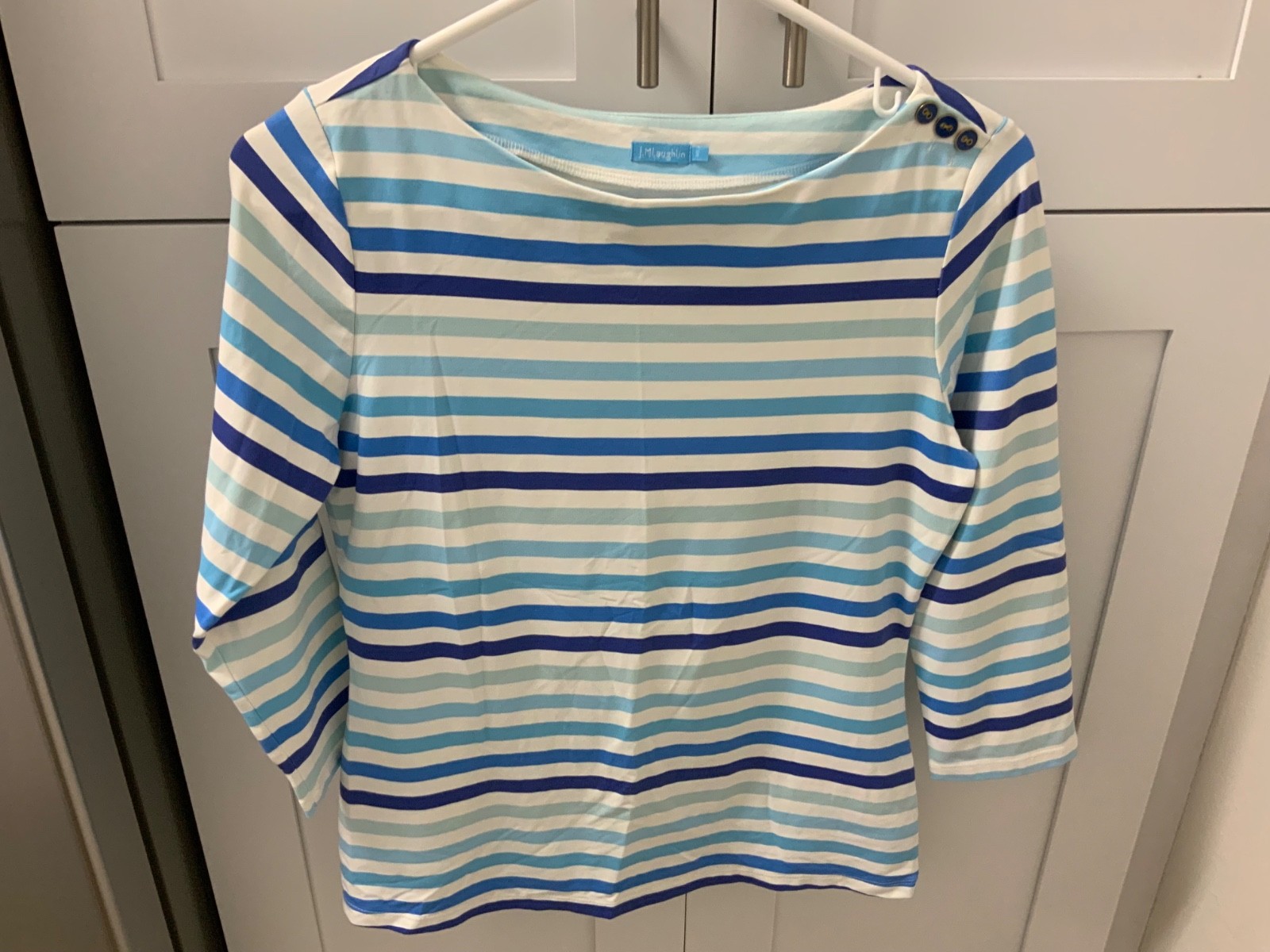 J. McLaughlin Top Womens S Blue/White Striped 3/4 Sleeve StretchNautical Classic