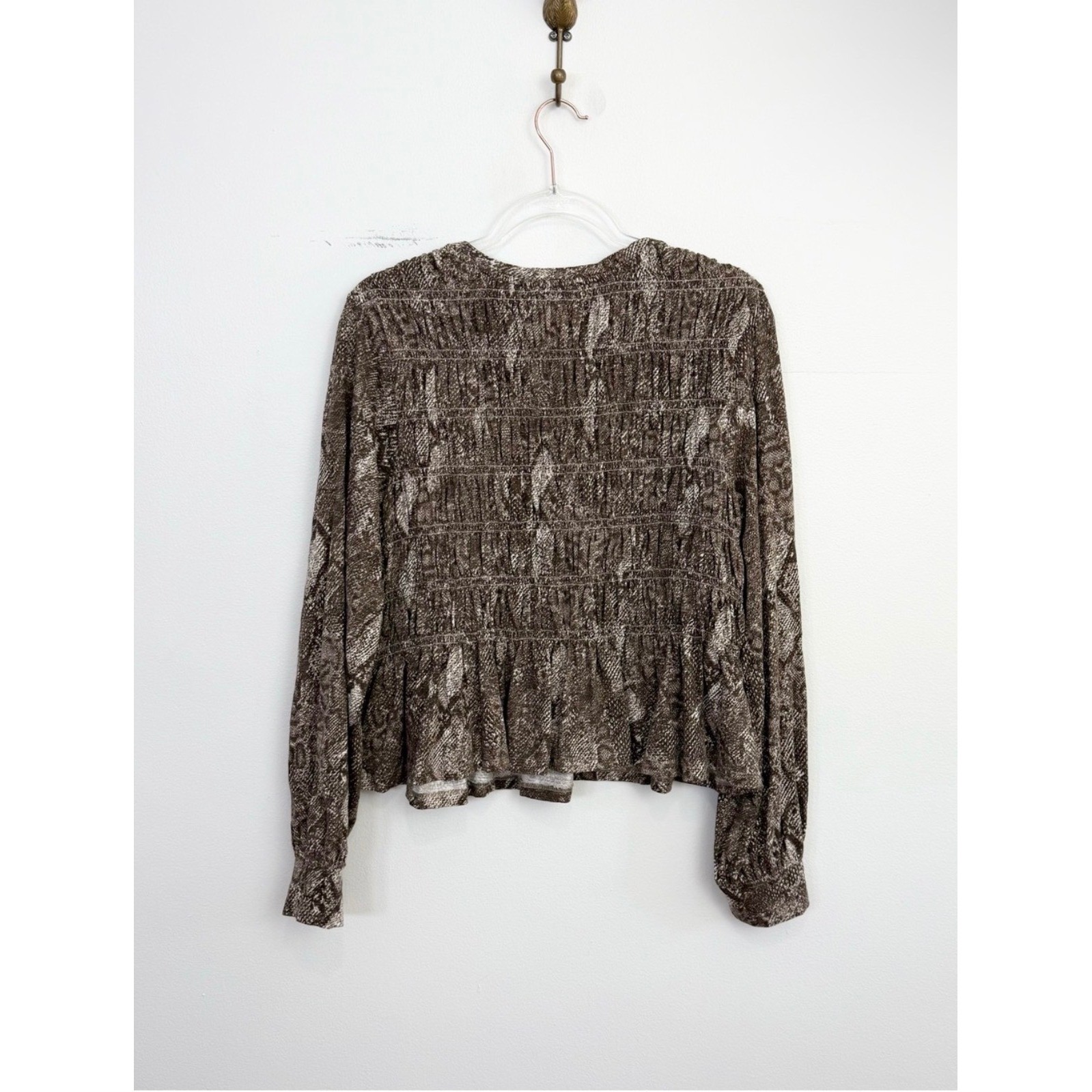 Anthropologie Pilcro Smocked Snake Print Peplum Blouse Long Sleeve Brown Medium