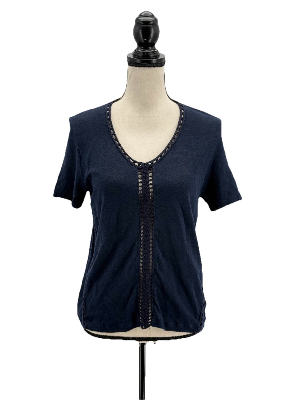 Maje Womens Linen Tee Navy Blue 1 Small Short Sleeves Crochet Trim TShirt