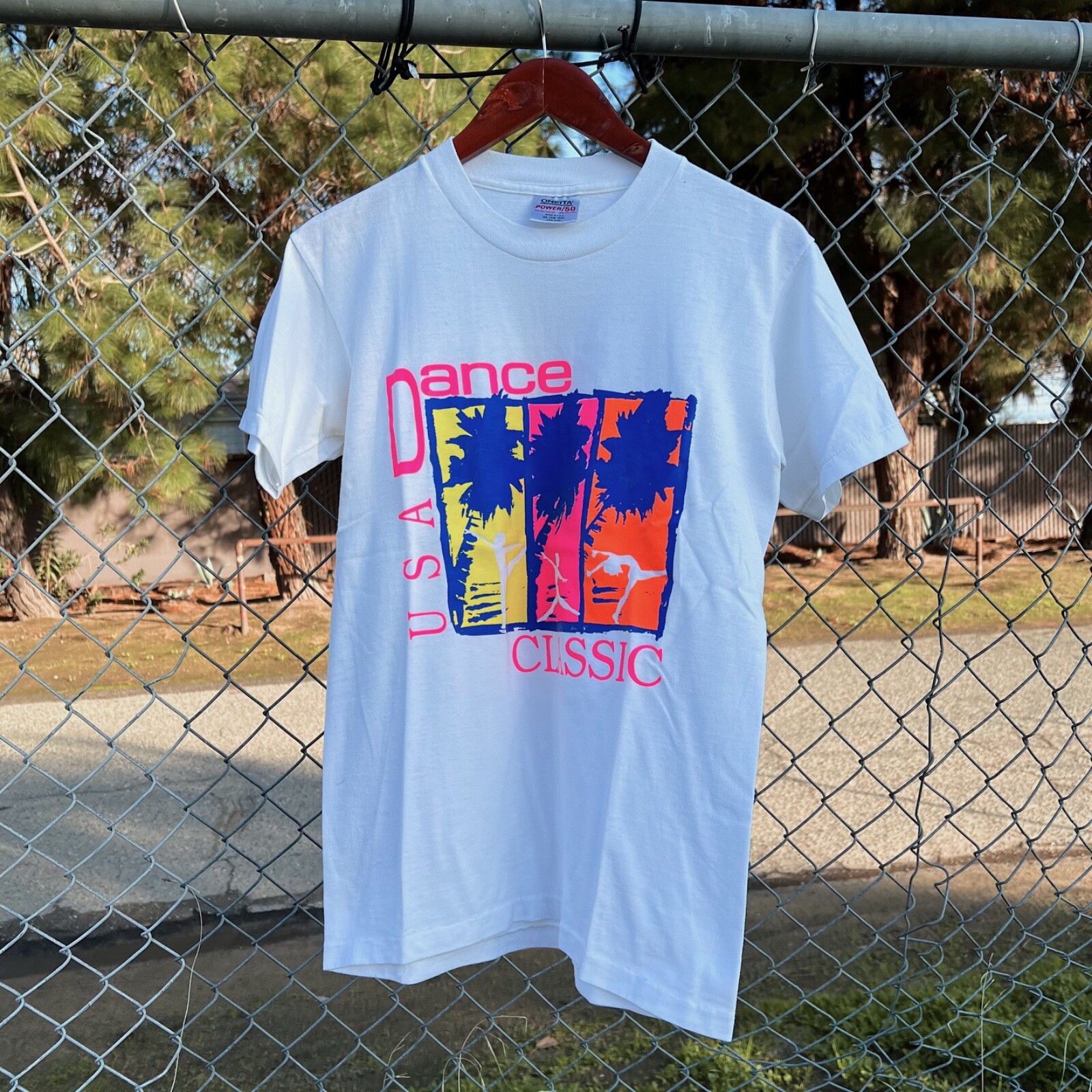 Vintage 90s USA Dance Classic T-Shirt Size Medium Oneita Neon Retro Graphic Tee