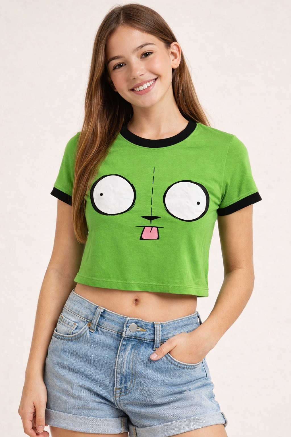 Invader Zim GIR Girls Tee Size SMALL Ringer Baby Crop T-Shirt Green Short Sleeve