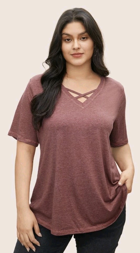 BloomChic Ultra Soft T-shirt Sz 14-16 Brick Red Heather Jersey Knit Criss Cross