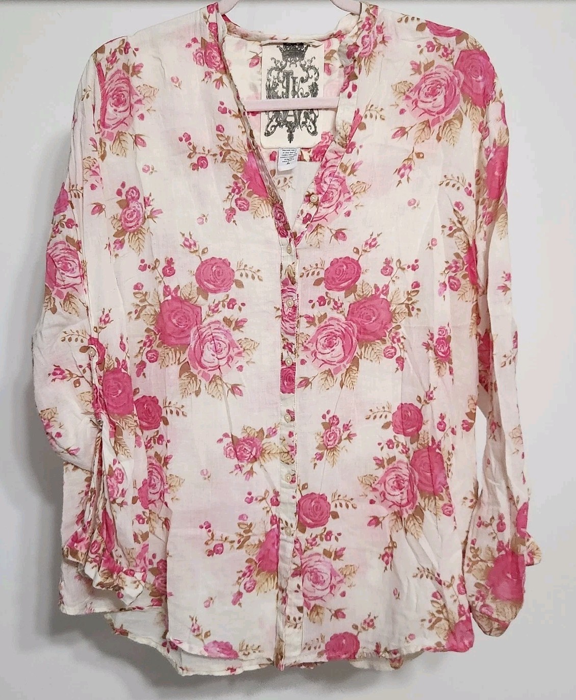 Jak Blouse Extra Large Pink Floral Button Down V Neck 100% Cotton USA Made