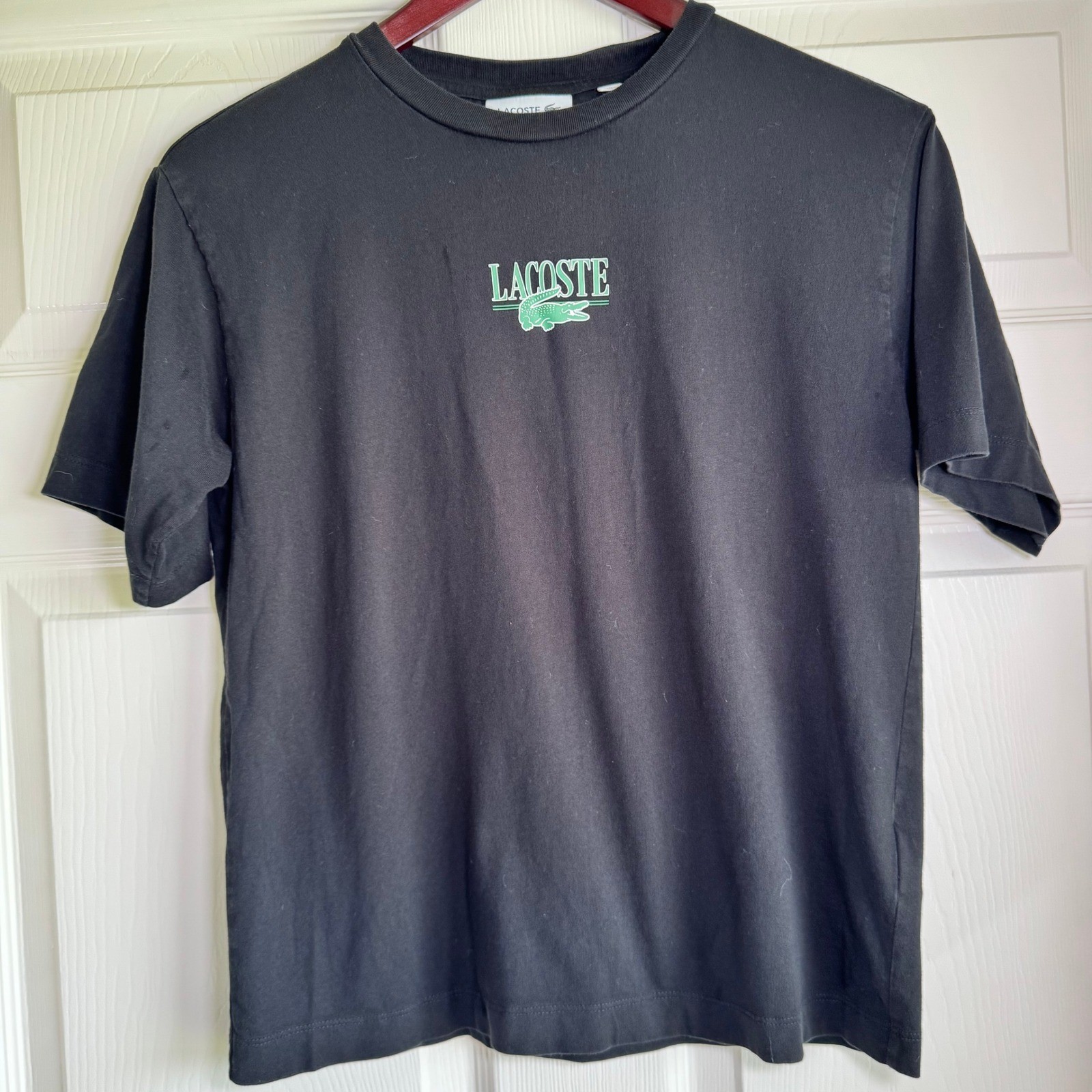 Lacoste Relaxed Fit Black Graphic Logo T-Shirt Womens Size 34 XS 100% Cotton
