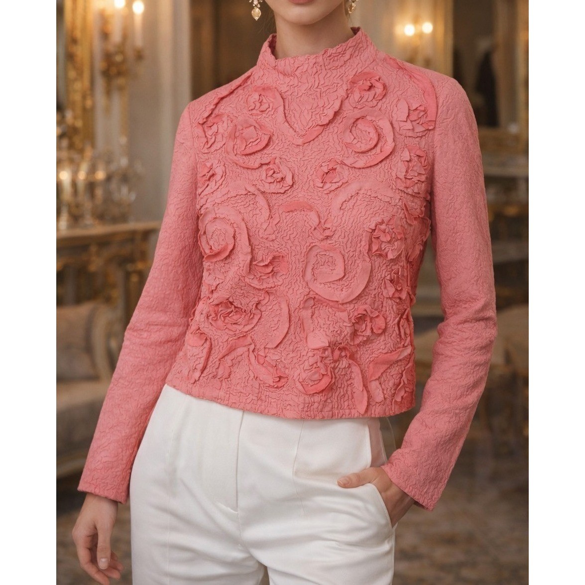 Alberto Makali Pink 3D Floral Rosette Textured Mock Neck Top Large