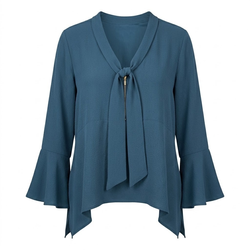 NEW Harve Benard Women XL Atlantic Teal Tie Neck Bell Sleeve Blouse Top – AC