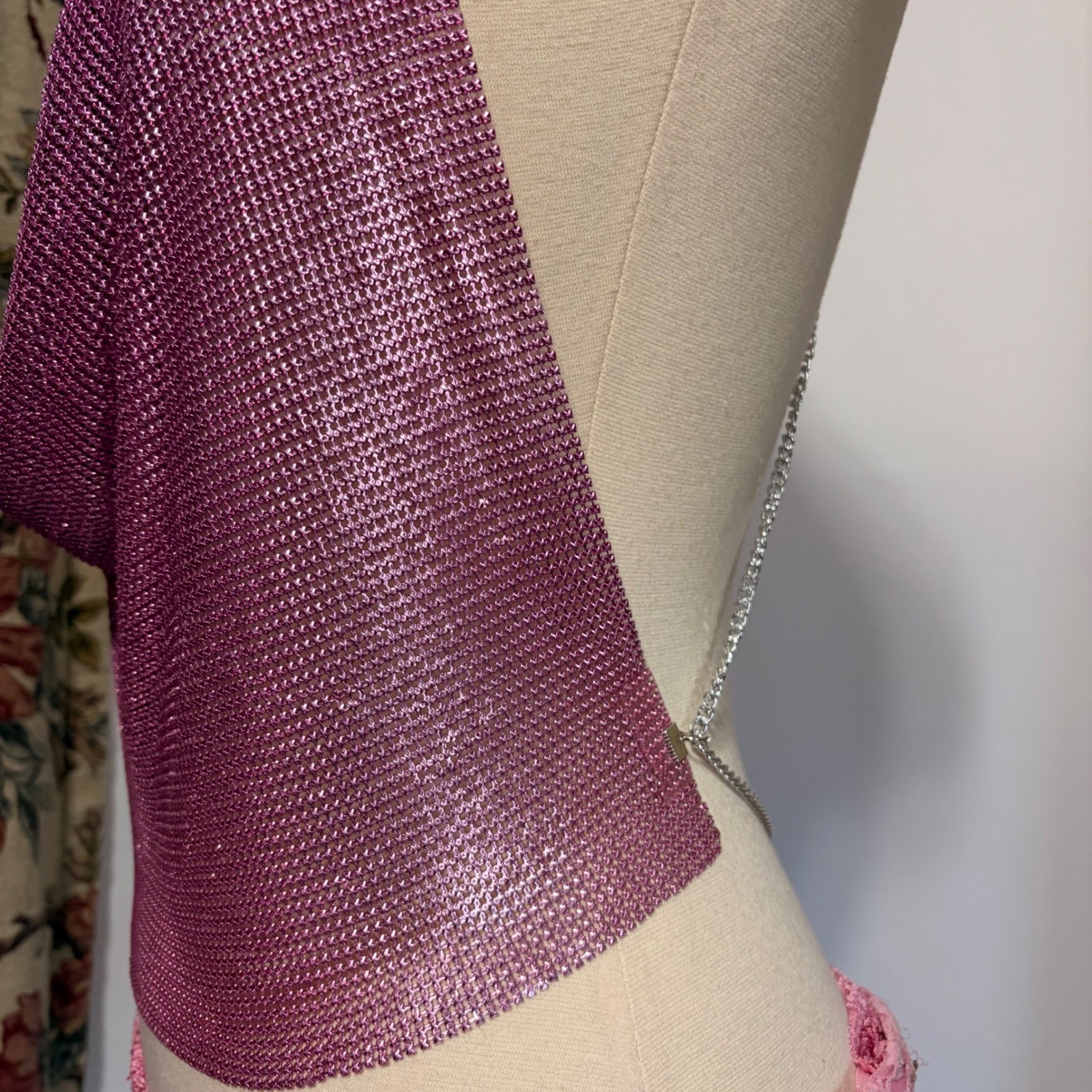 Gorgeous backless Y2k Pink and silver Metal Chainmail Halter Top with cowl neck
