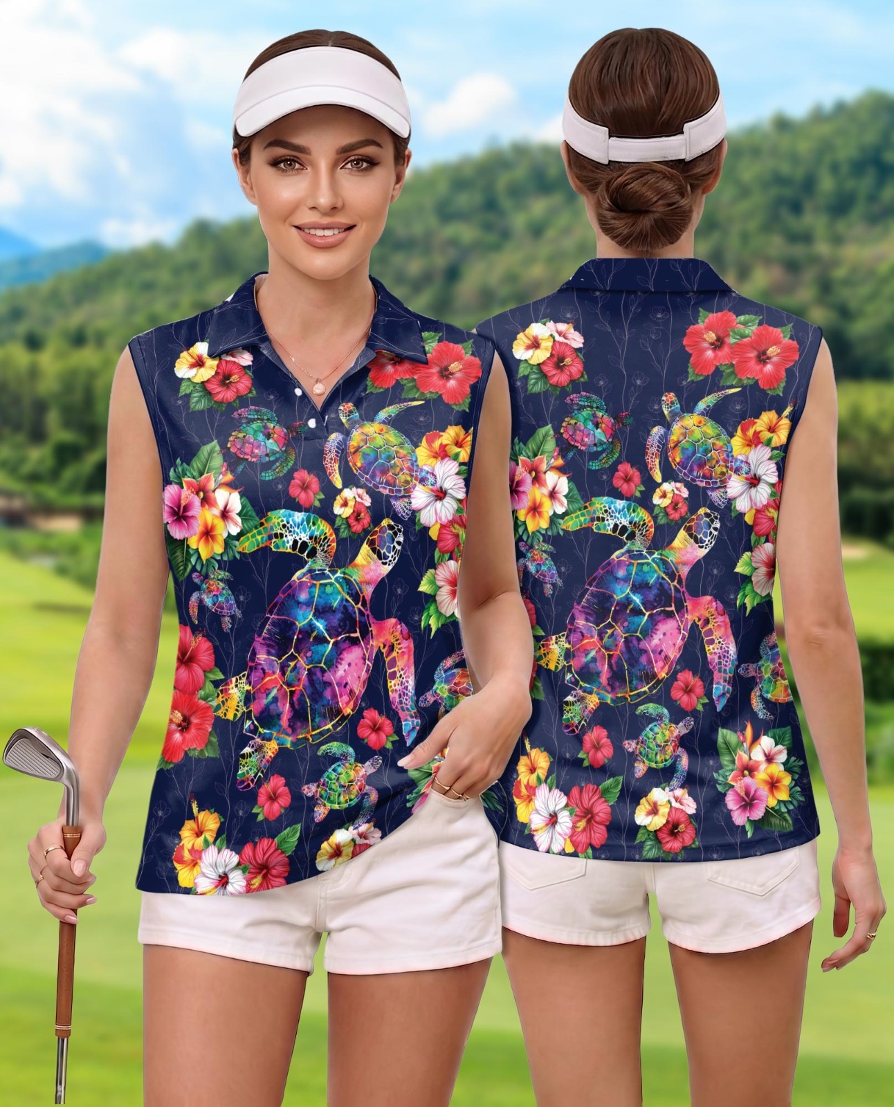 Sea Turtle Women’s Sleeveless Performance Polo Shirt Tropical Golf Tennis
