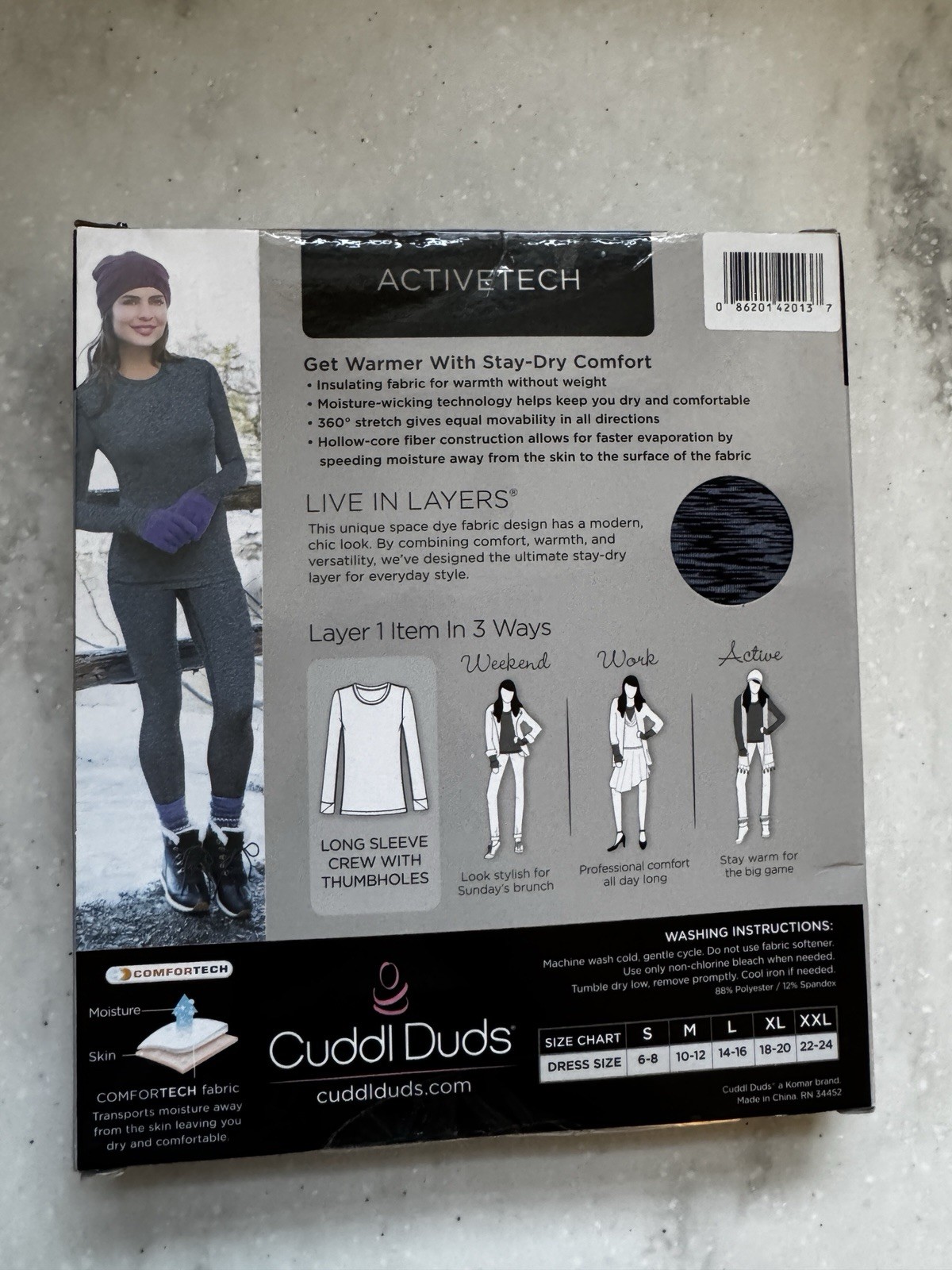 CUDDL DUDS SZ S WARM LAYER LONG SLEEVE CREW SHIRT W/ THUMBHOLES ACTIVETECH