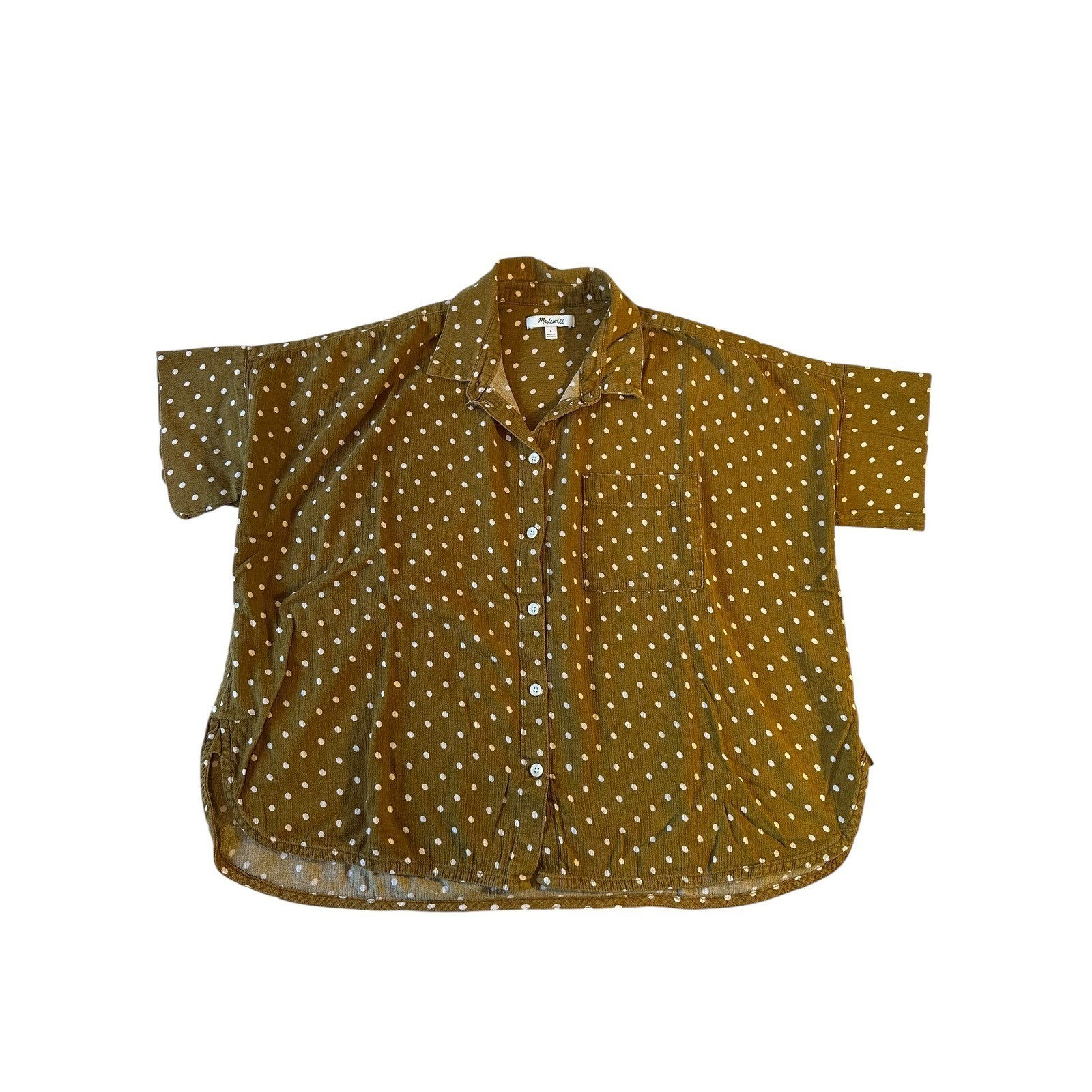 Madewell Polka Dot Button Down Shirt Green Mustard Cotton Boxy Short Sleeve S