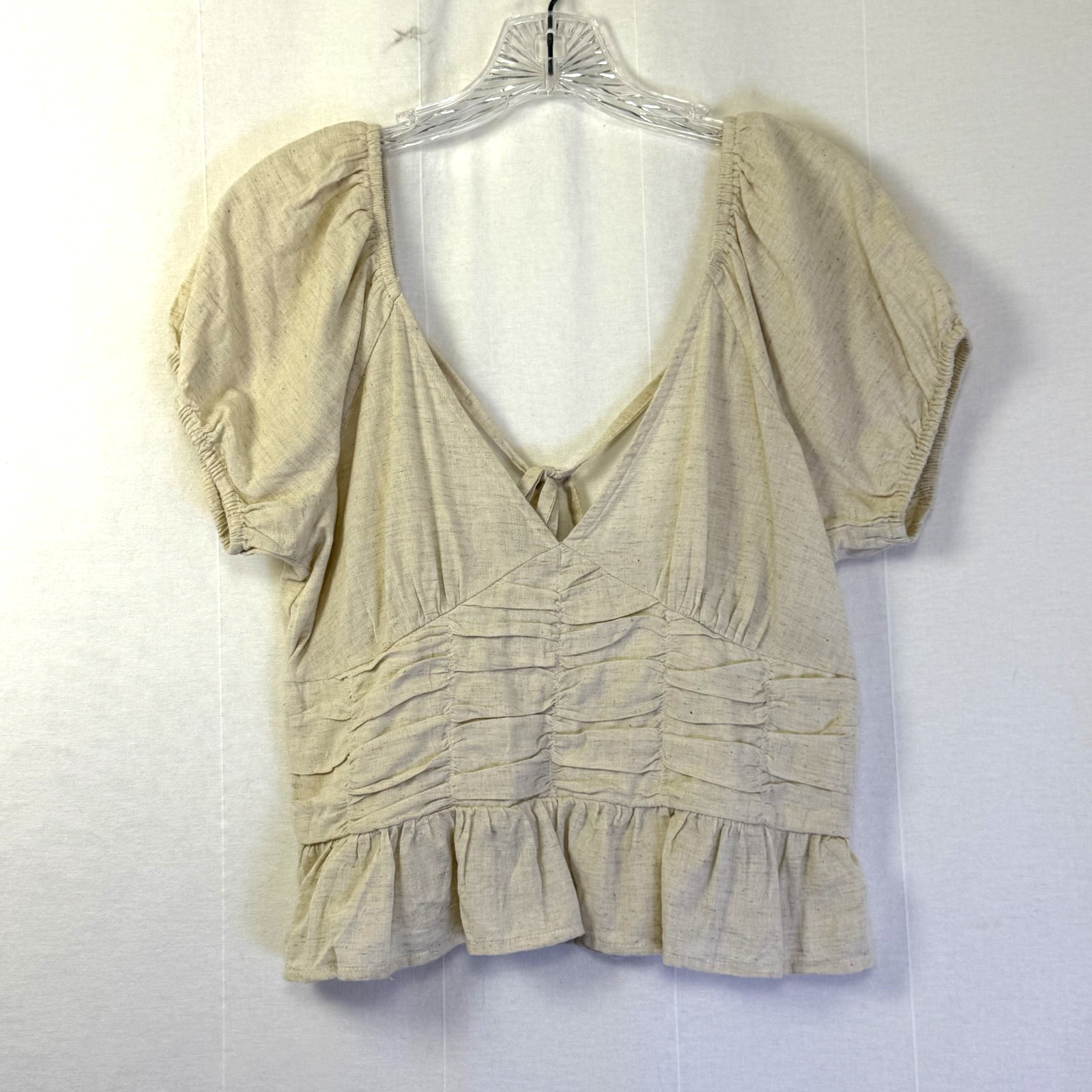 Sim & Sam Top Sz XL Linen Blend V-Neck Puff Sleeve Tie Back Ruched Peplum Crop