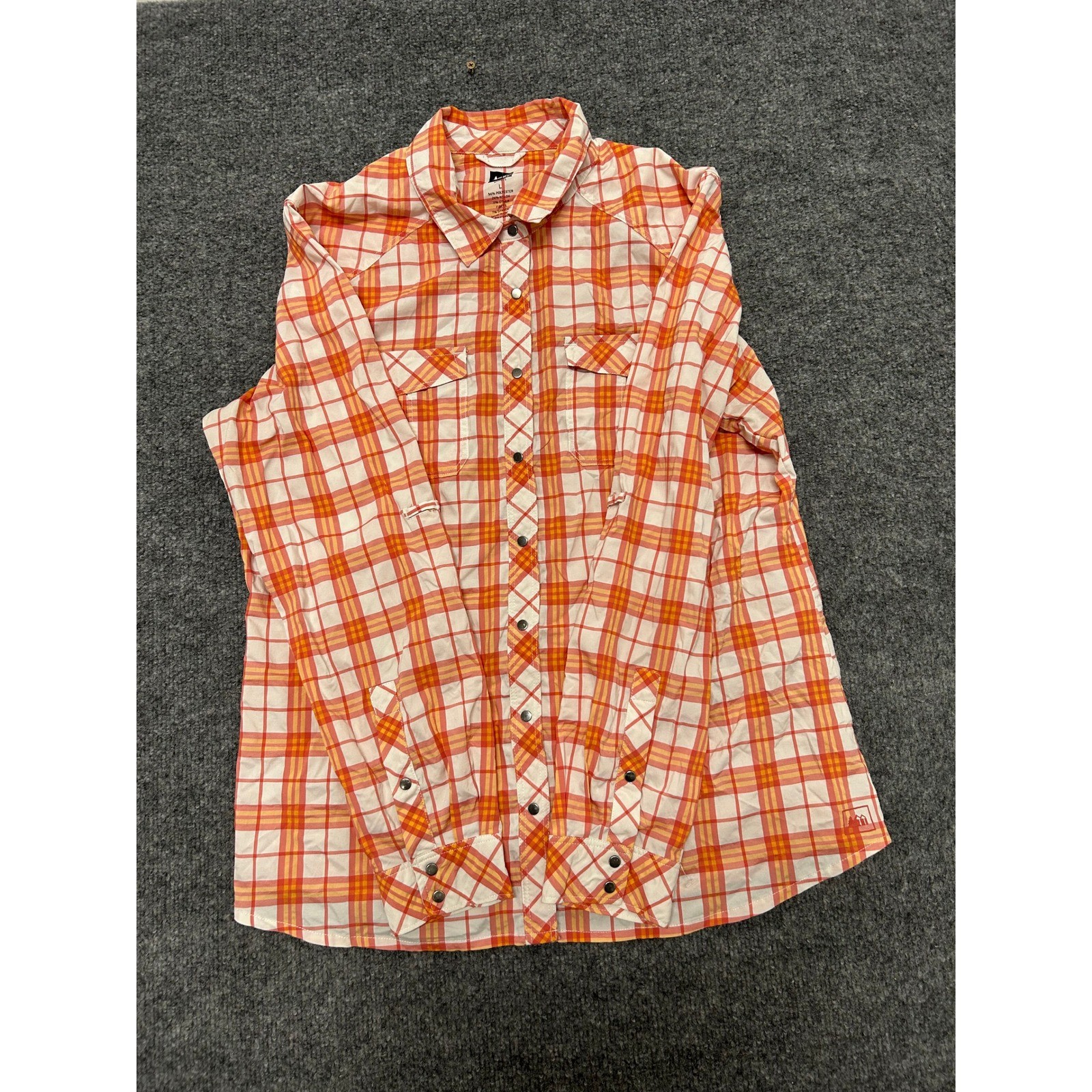 REI Shirt Womens Large Orange Plaid Snap Front Stretch Hiking Outdoor Top