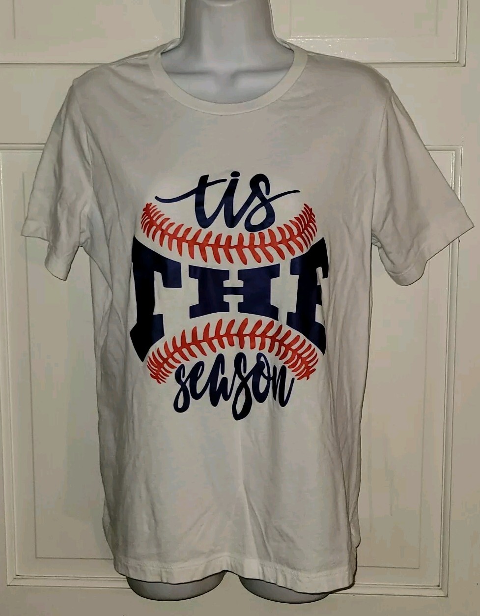 BASEBALL TIS THE SEASON white Cotton T-shirt. Ladies L