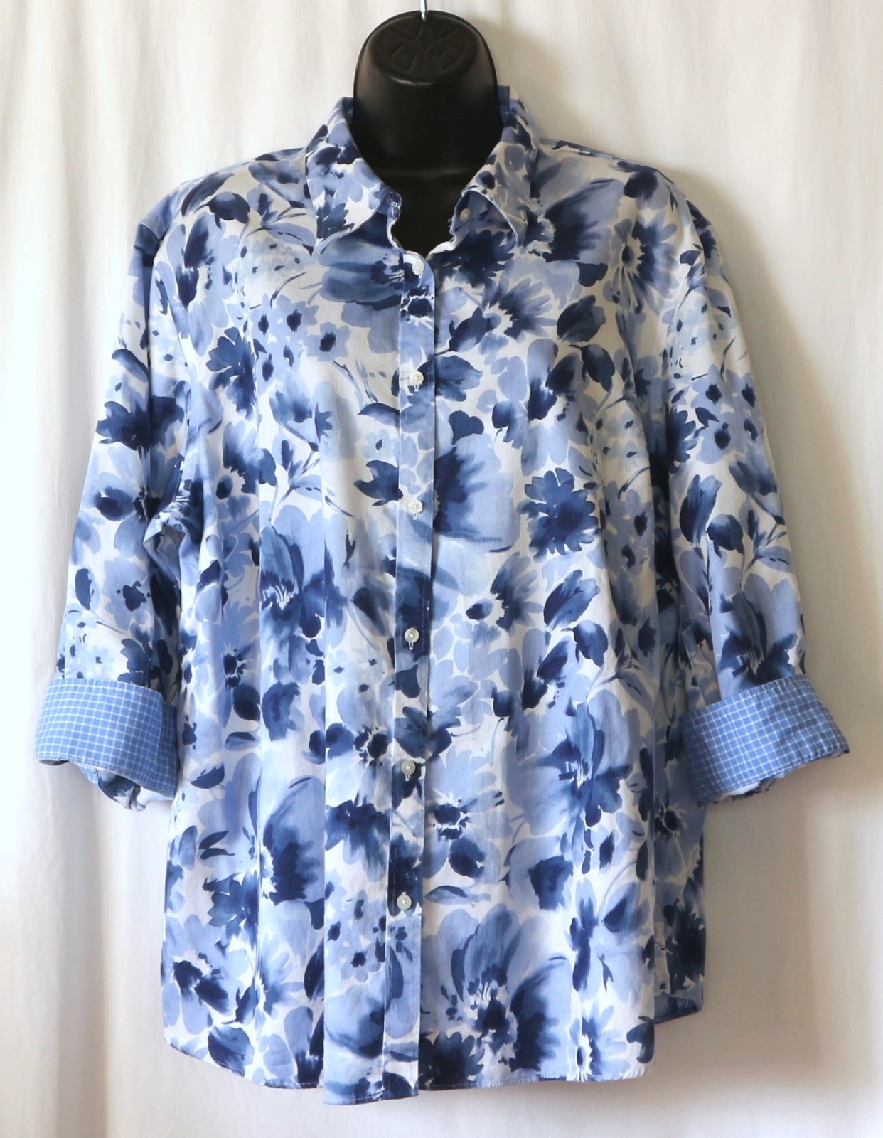 CHAPS Blue Floral Print No Iron Blse 3/4 Slvs 50 In Chst 28 In Lng Sz 2X EXC