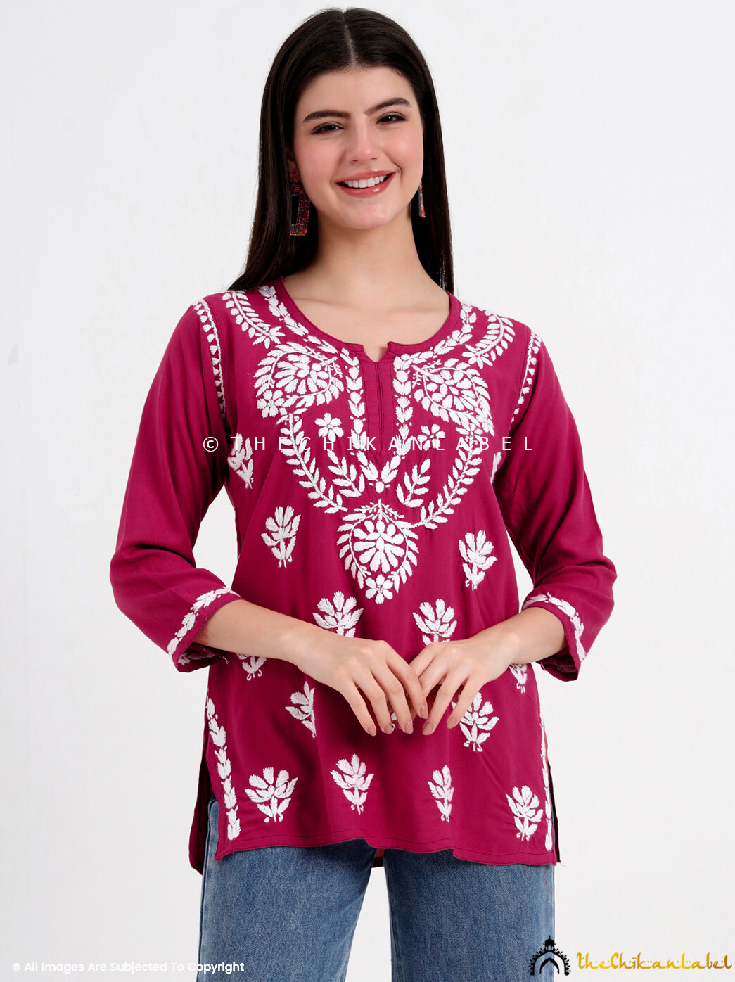 Rani Pink Hand Embroidered Chikankari Short Kurta Lucknowi Chikan Short Top