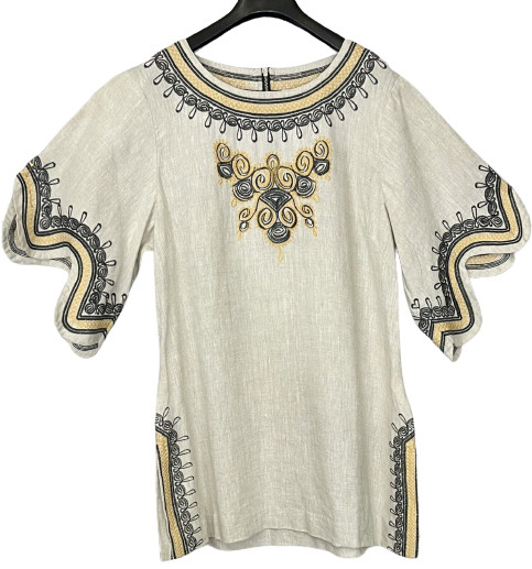 IVY JANE Small Embroidered LINEN Tunic Top Floral Boho Oatmeal Gray Yellow S