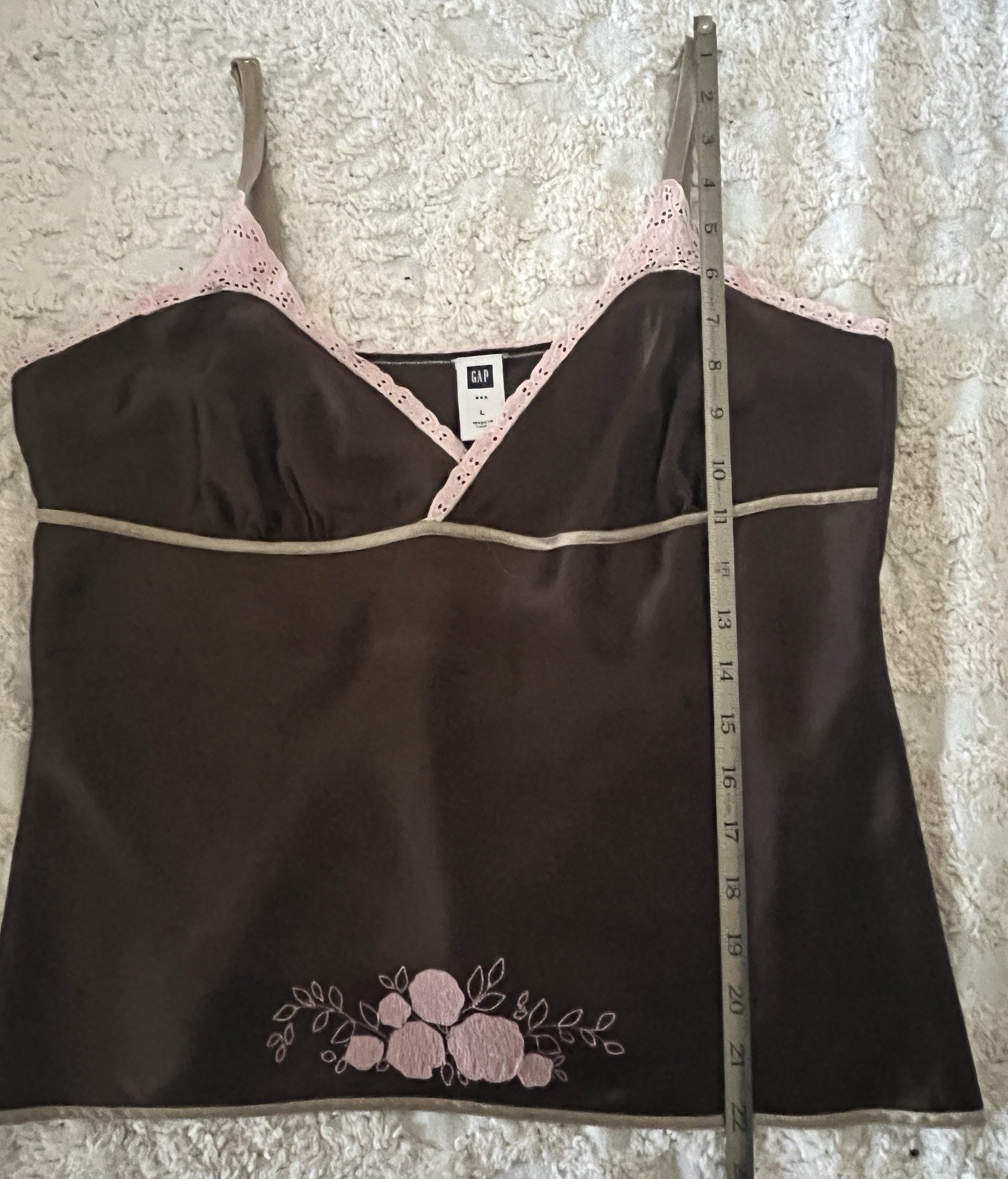 Vtg Y2K GAP Espresso Silk Cami Blouse w/Pink Lace Trim Fairycore Coquette Sz L