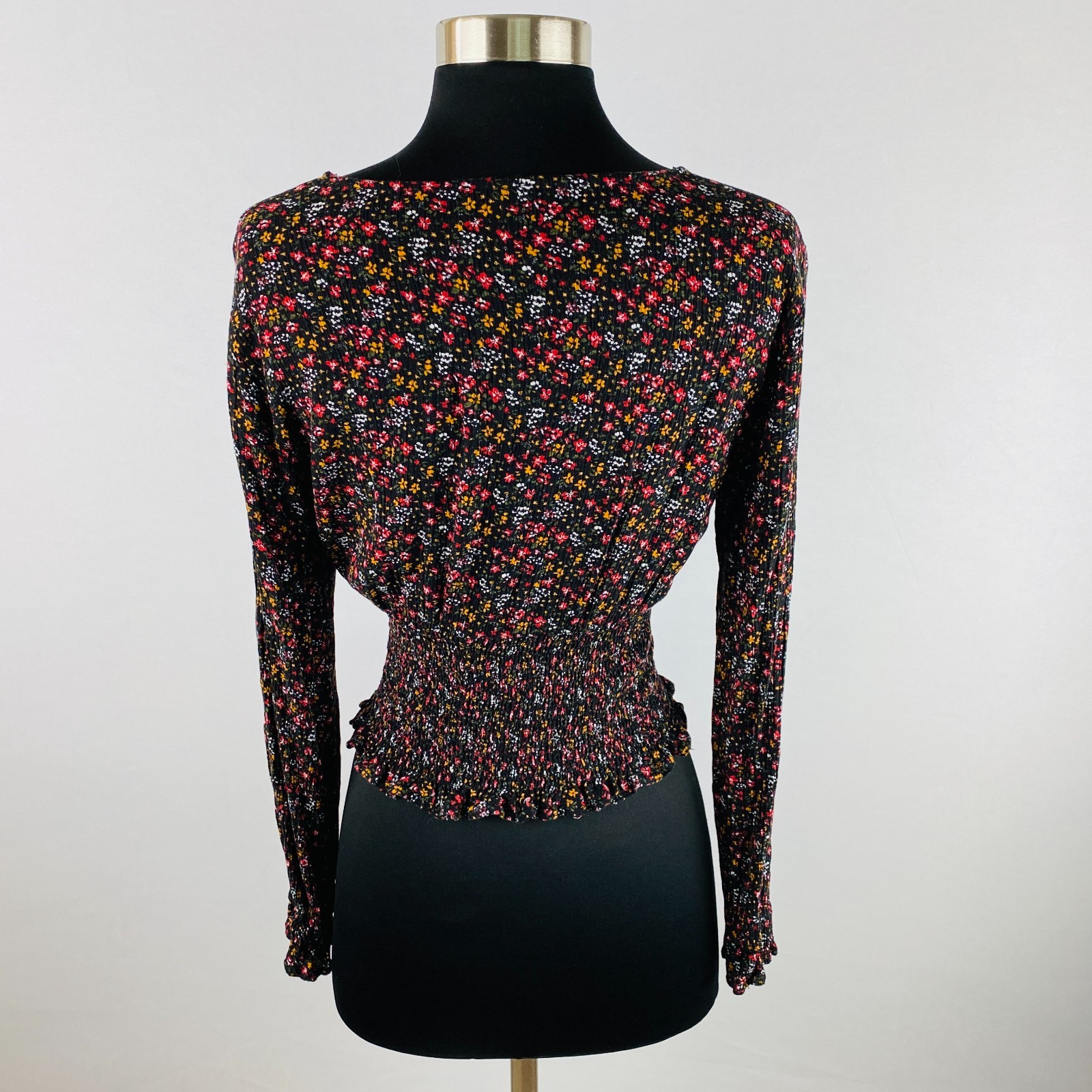 Paper Crane Womens Floral Print Bohemian Gypsy Long Sleeve Smocked Work Job S